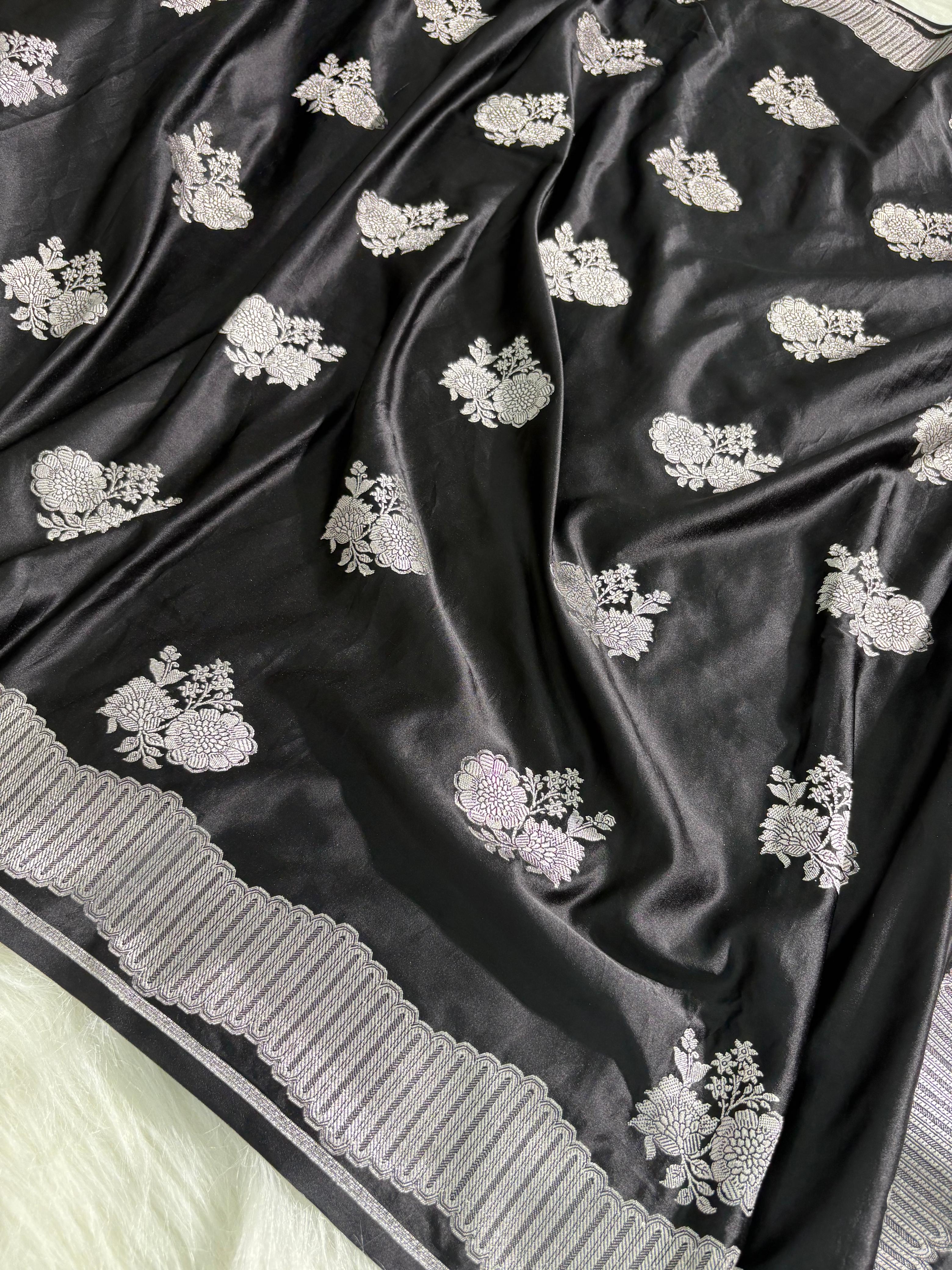 Floral Boota Scallop Black Mashru Silk Saree