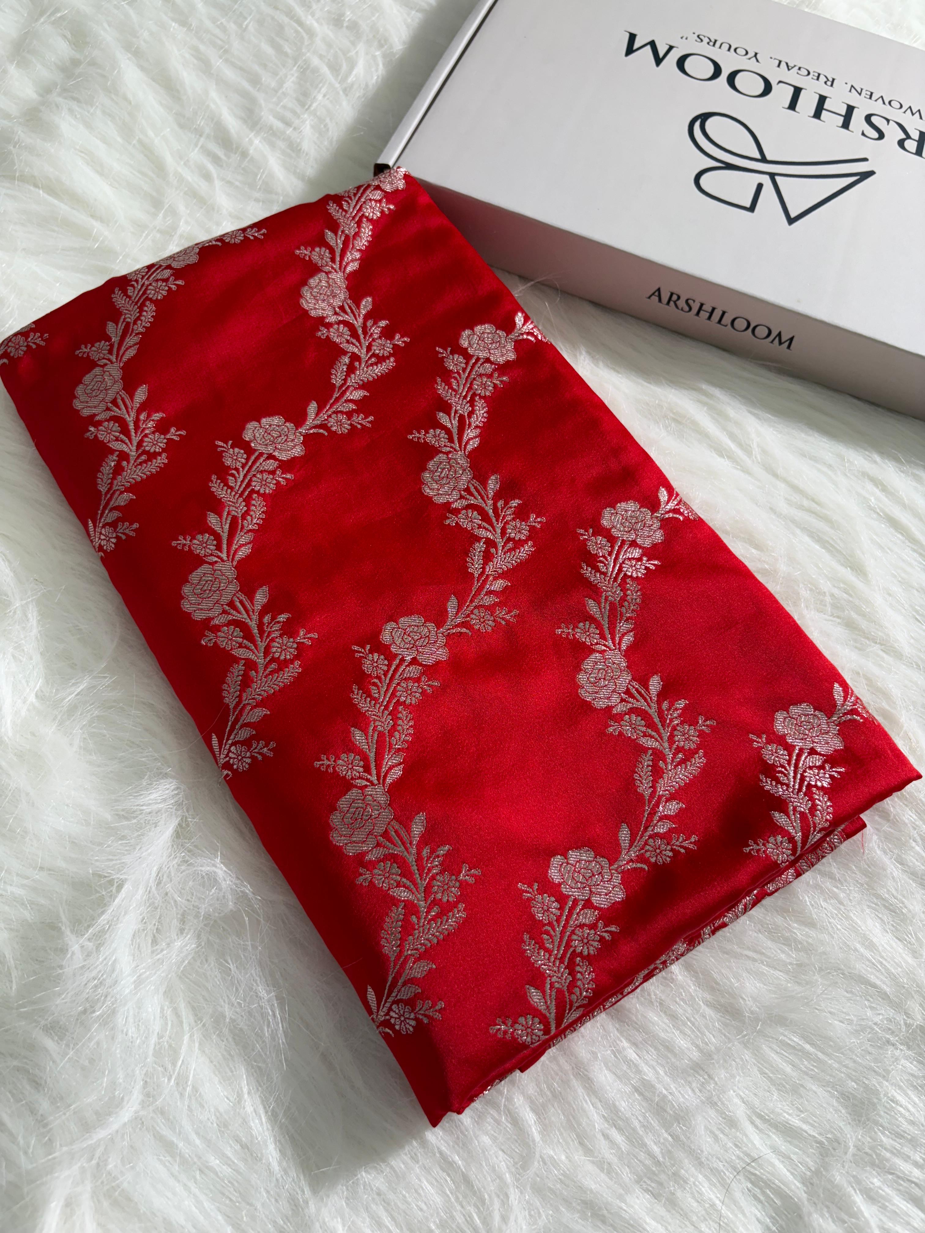 Red Floral Cross Jaal Pattern Mashru Silk Saree