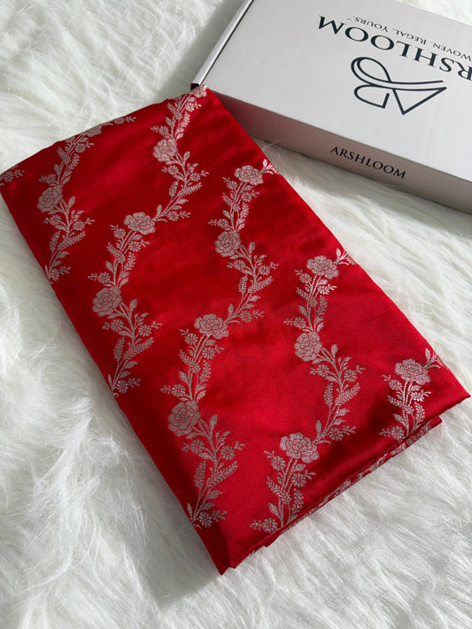 Red Floral Cross Jaal Pattern Mashru Silk Saree