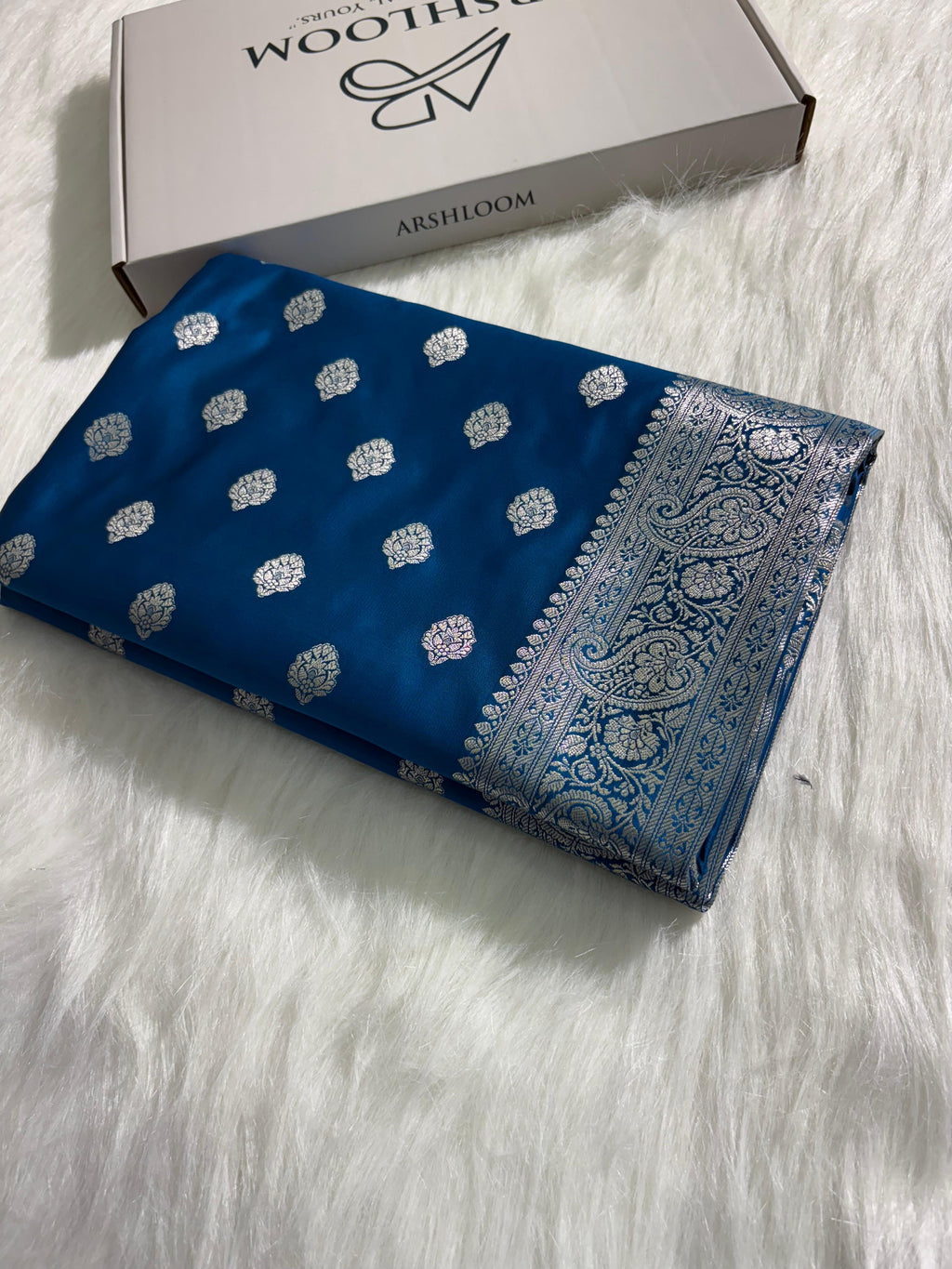 Peacock Blue Satin Katan Silk Saree