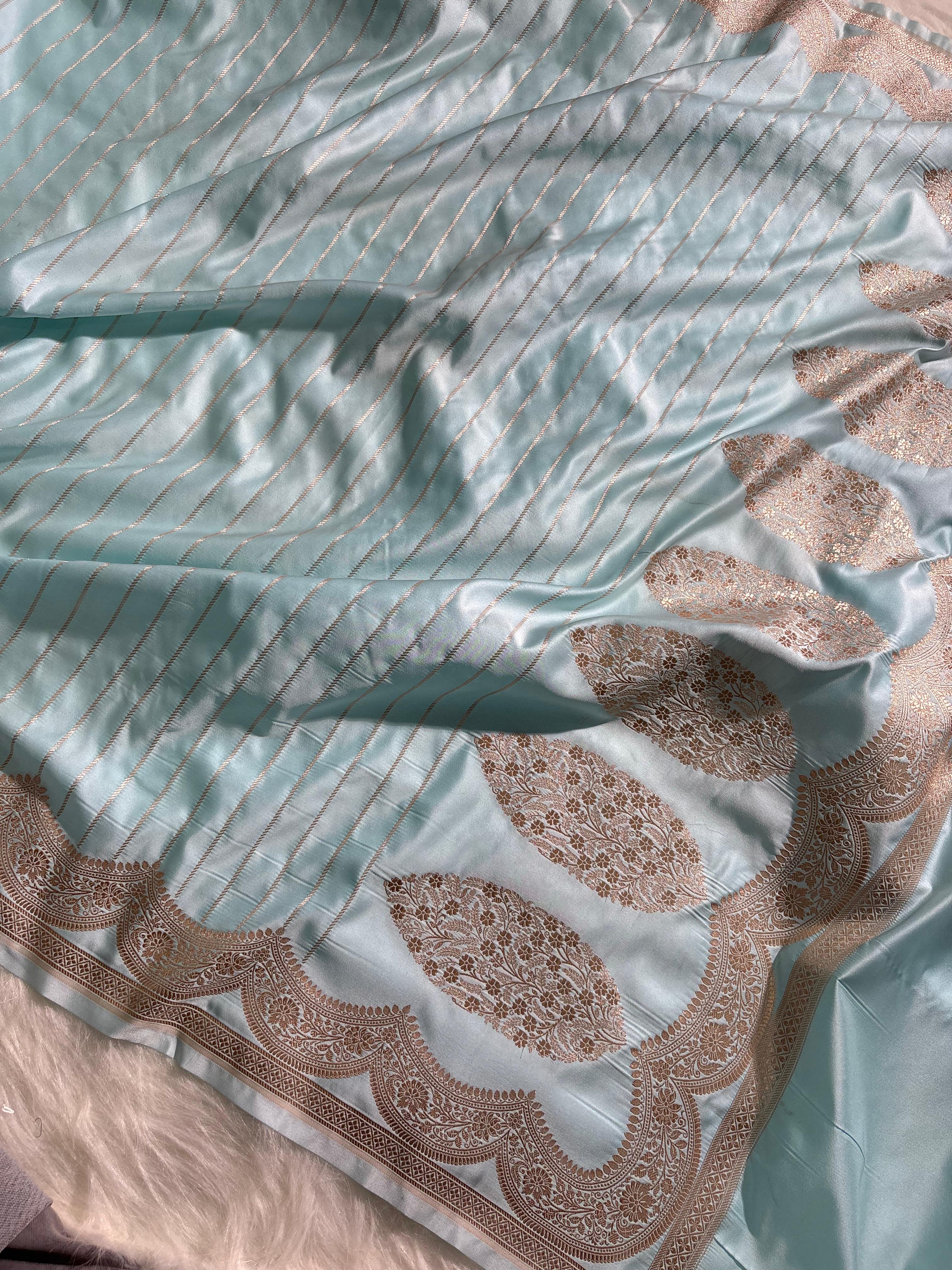 Powder Blue Scallop Strip Mashru Silk Banarasi Saree