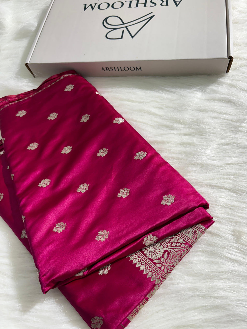 Fuchsia Pink Booti Pattern Satin Katan Silk Saree
