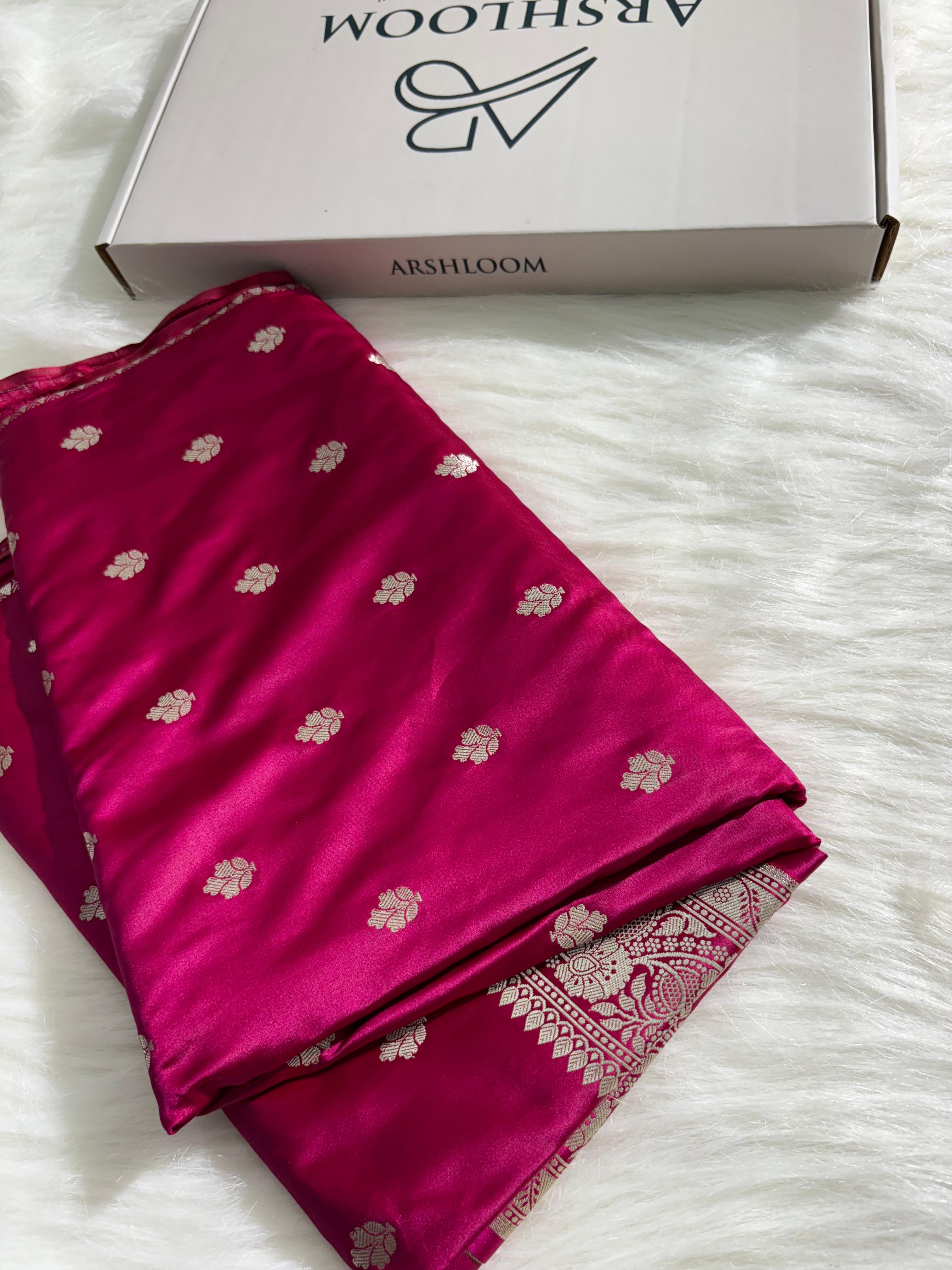 Fuchsia Pink Booti Pattern Satin Katan Silk Saree