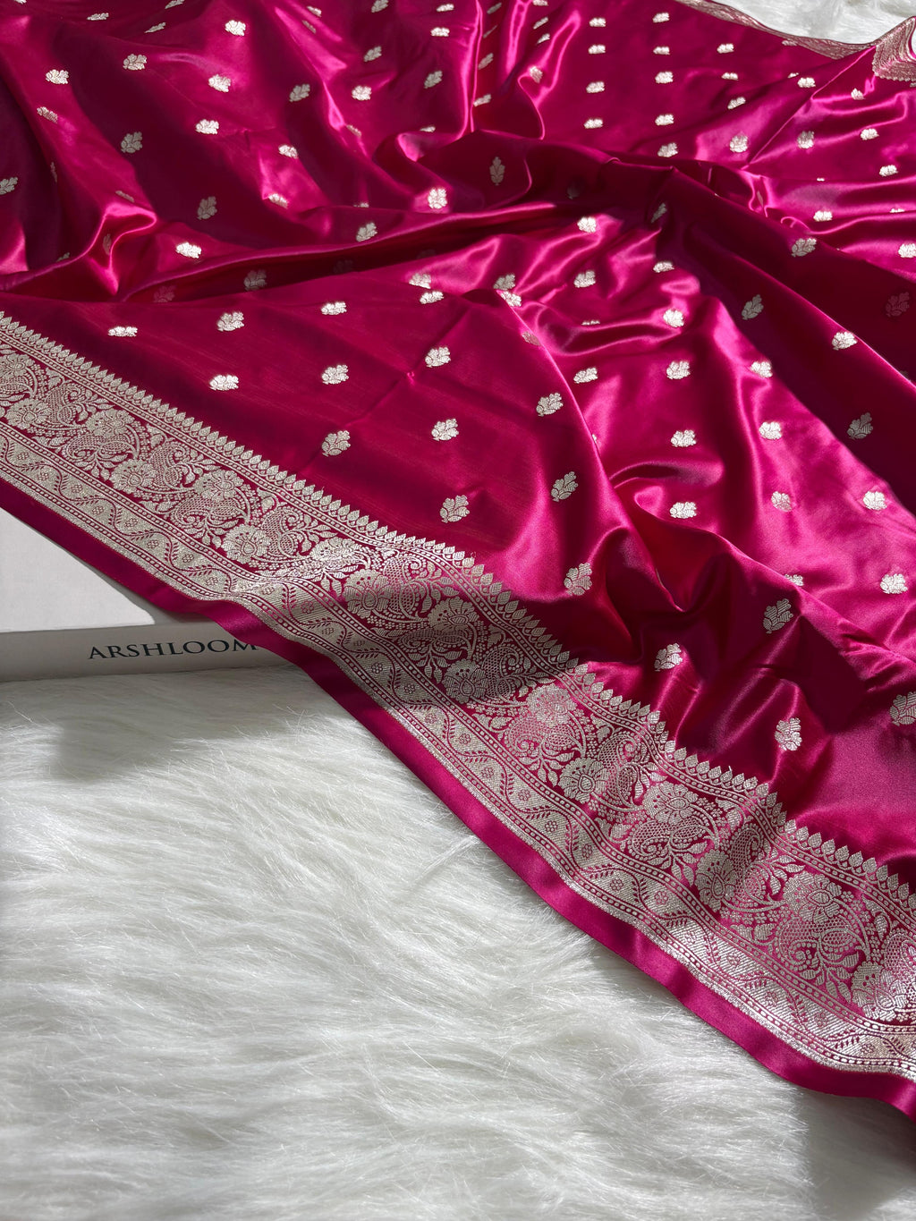 Fuchsia Pink Booti Pattern Satin Katan Silk Saree