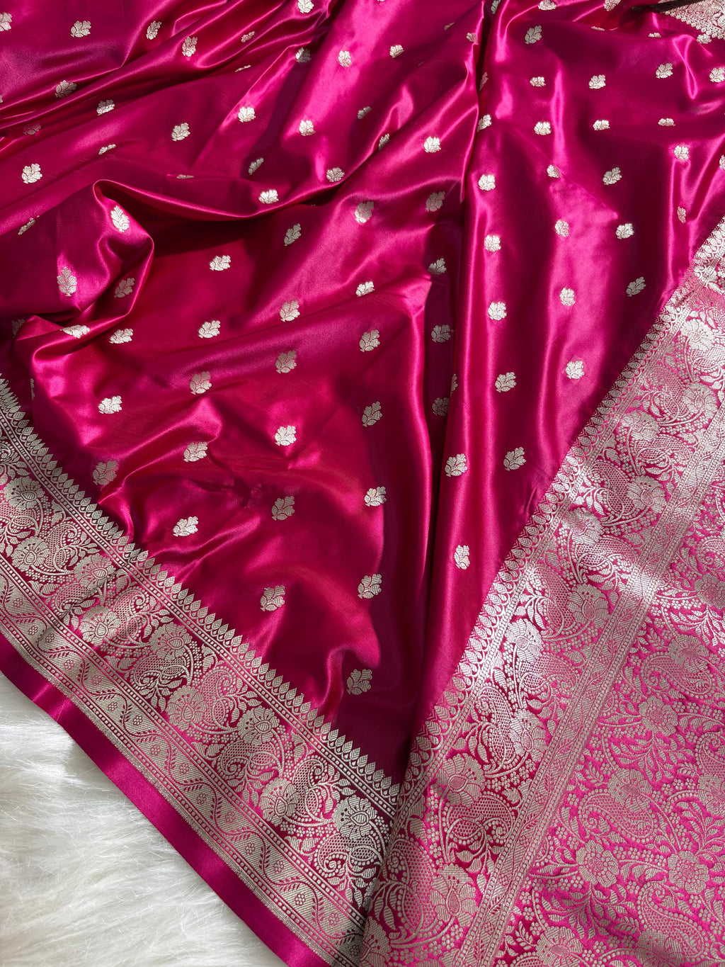 Fuchsia Pink Booti Pattern Satin Katan Silk Saree