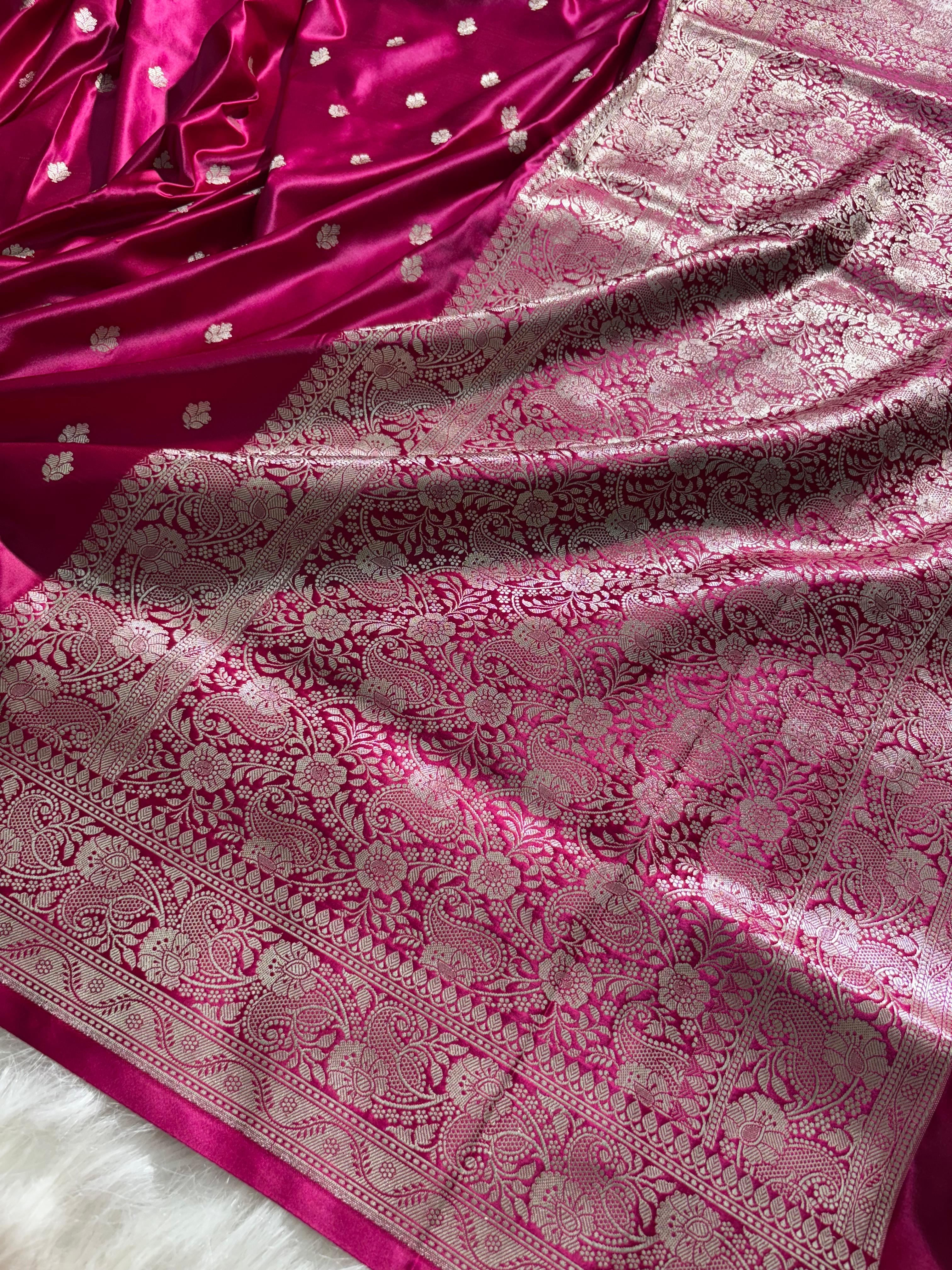 Fuchsia Pink Booti Pattern Satin Katan Silk Saree