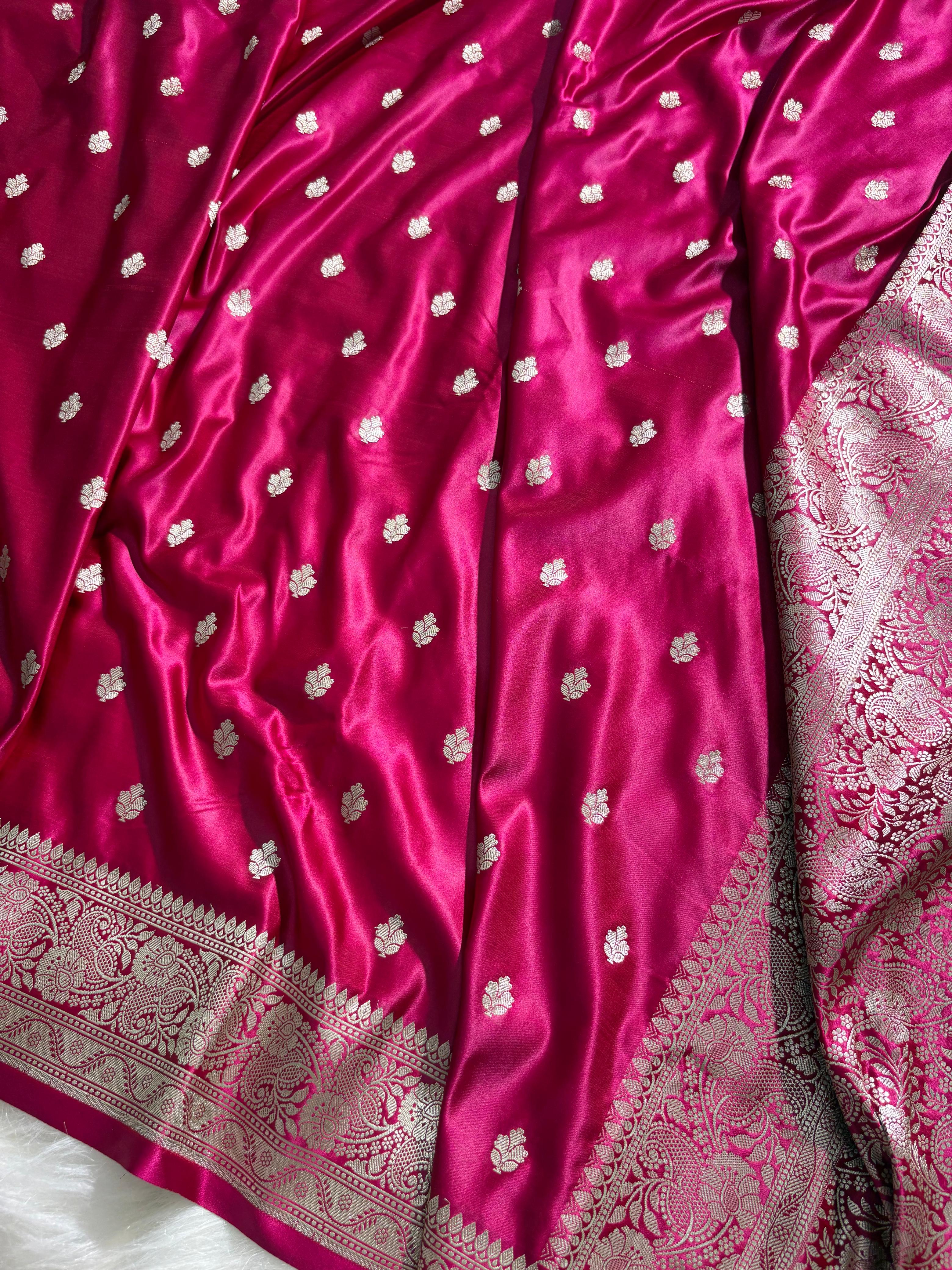 Fuchsia Pink Booti Pattern Satin Katan Silk Saree