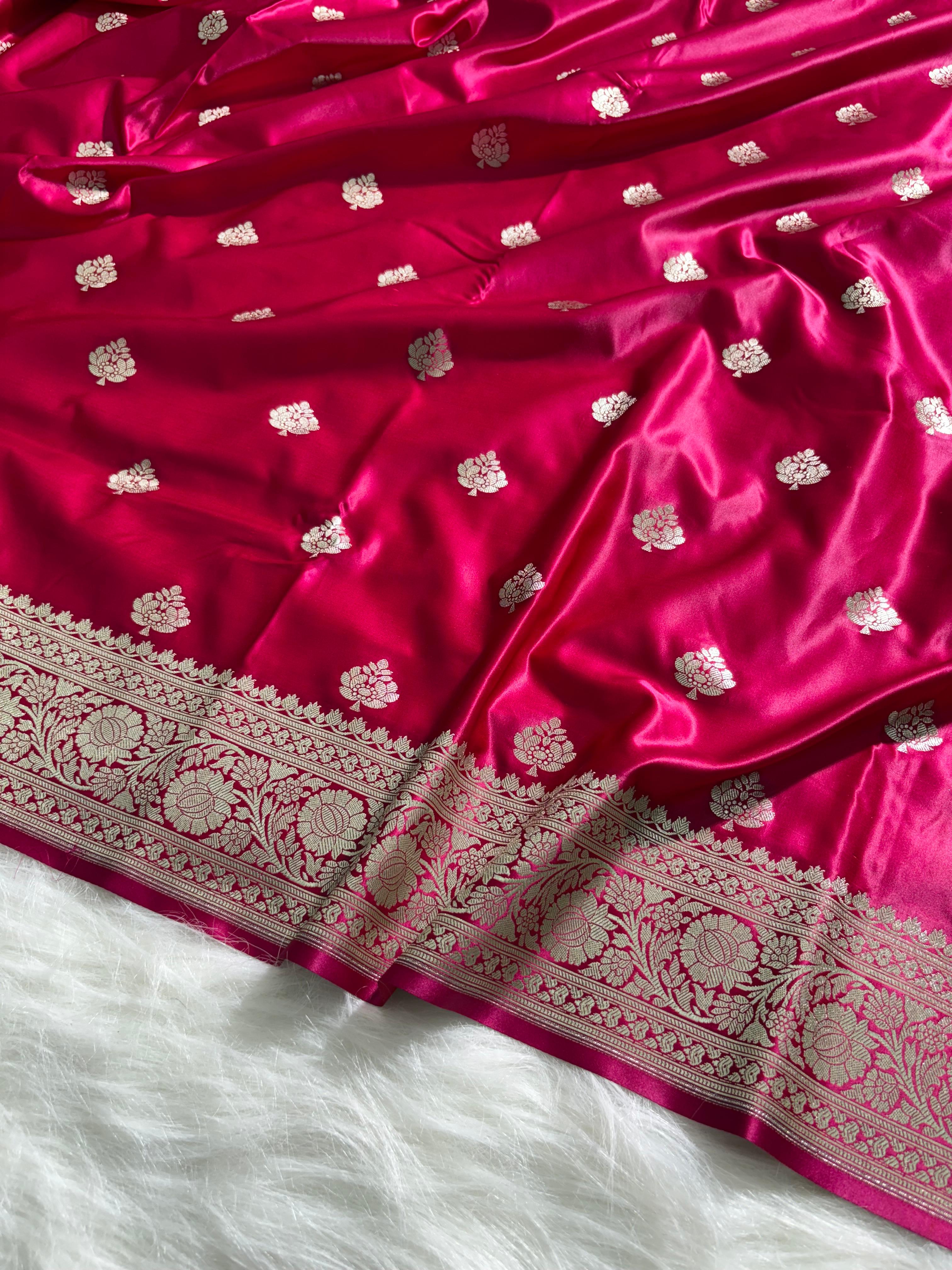 Rani Floral Booti Satin Katan Silk Saree