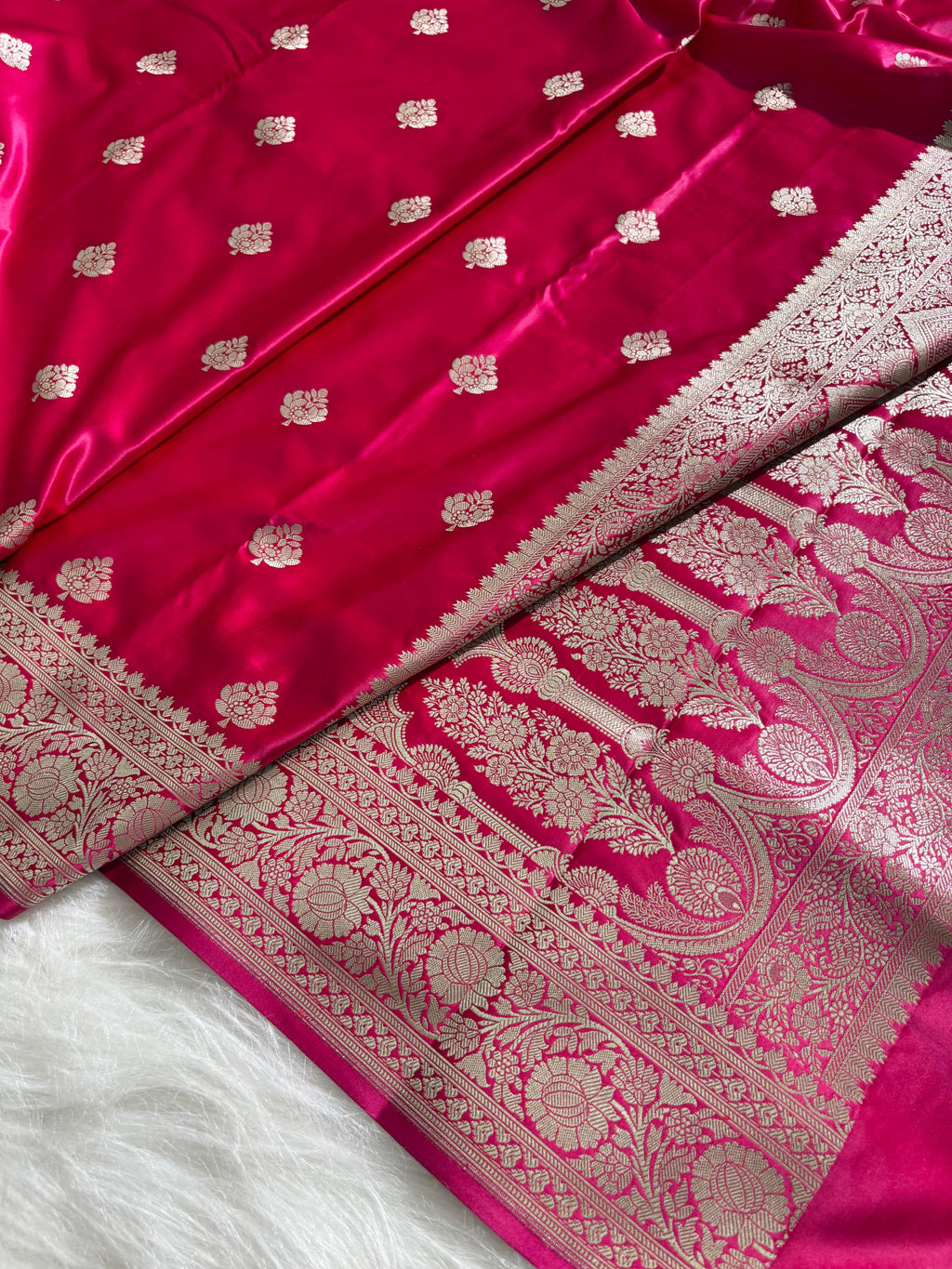 Rani Floral Booti Satin Katan Silk Saree