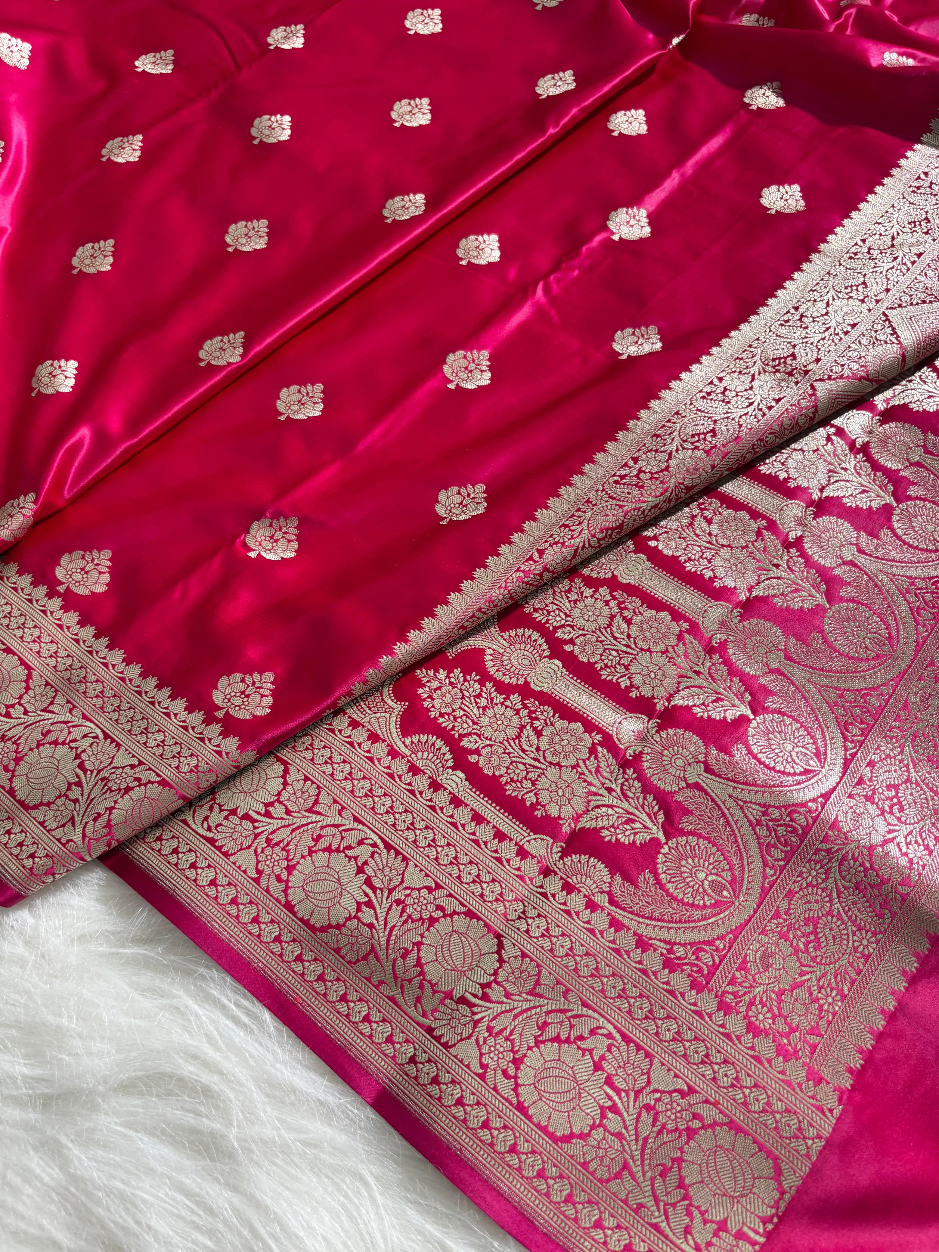 Rani Floral Booti Satin Katan Silk Saree
