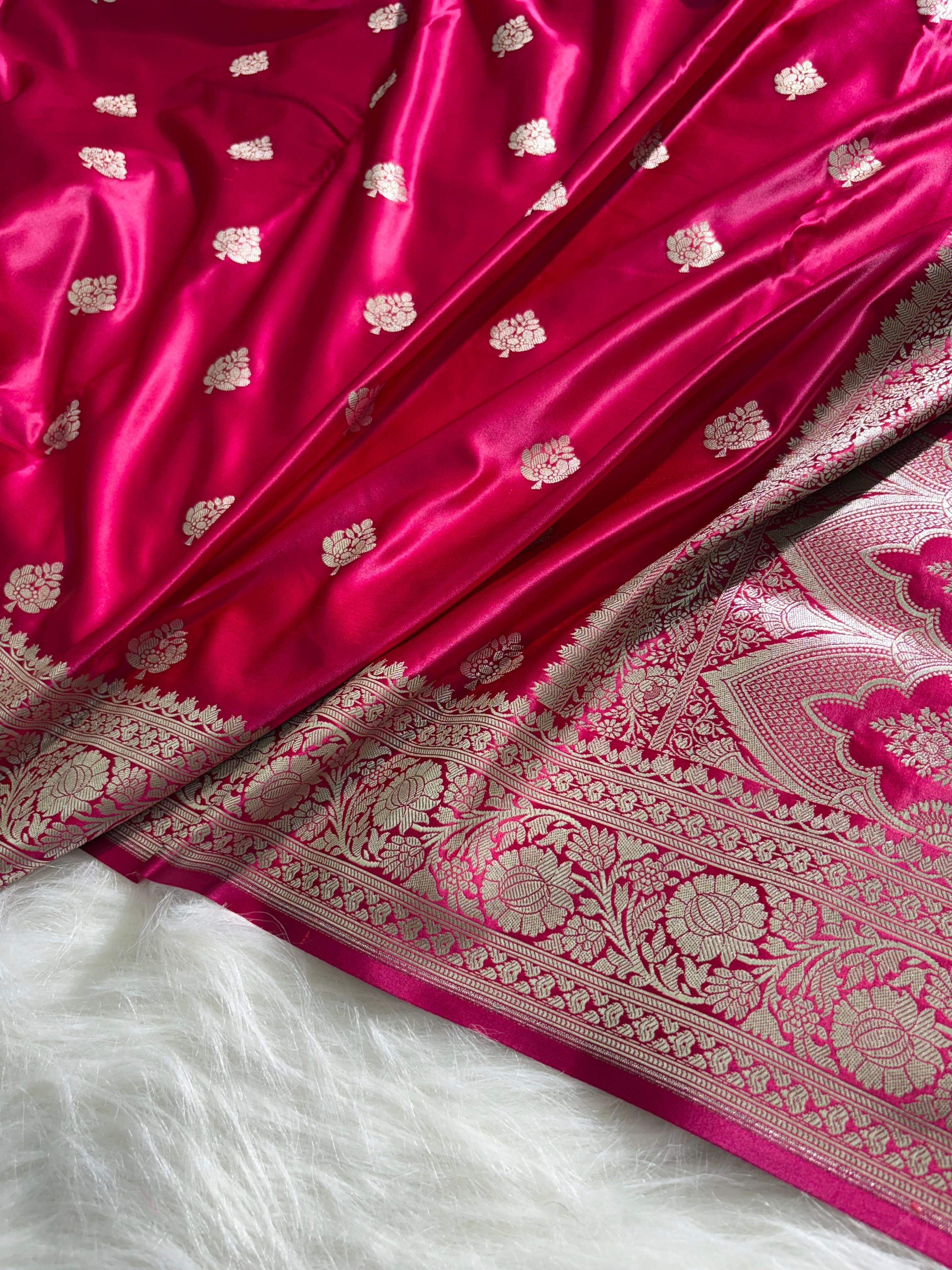 Rani Floral Booti Satin Katan Silk Saree