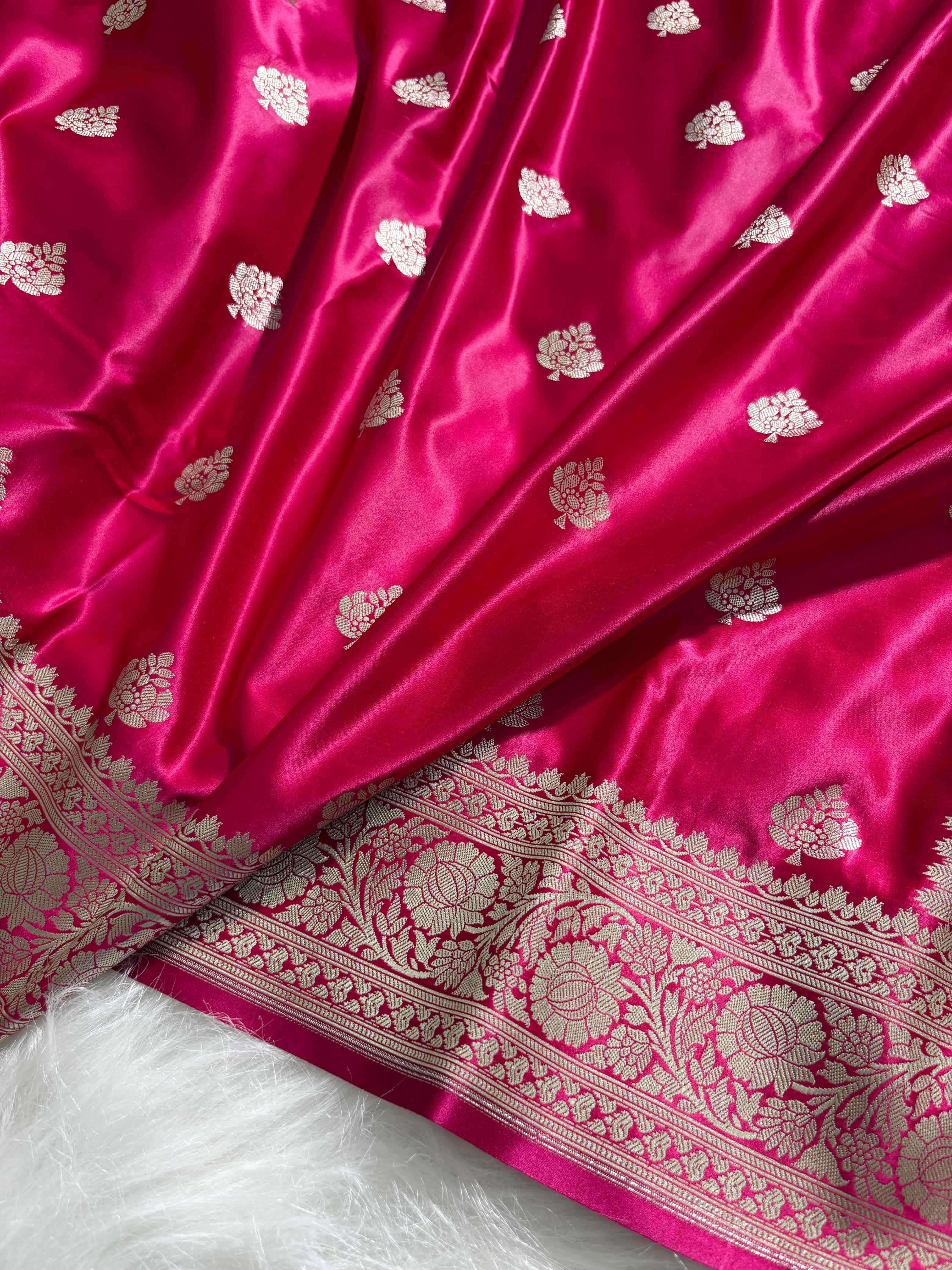 Rani Floral Booti Satin Katan Silk Saree