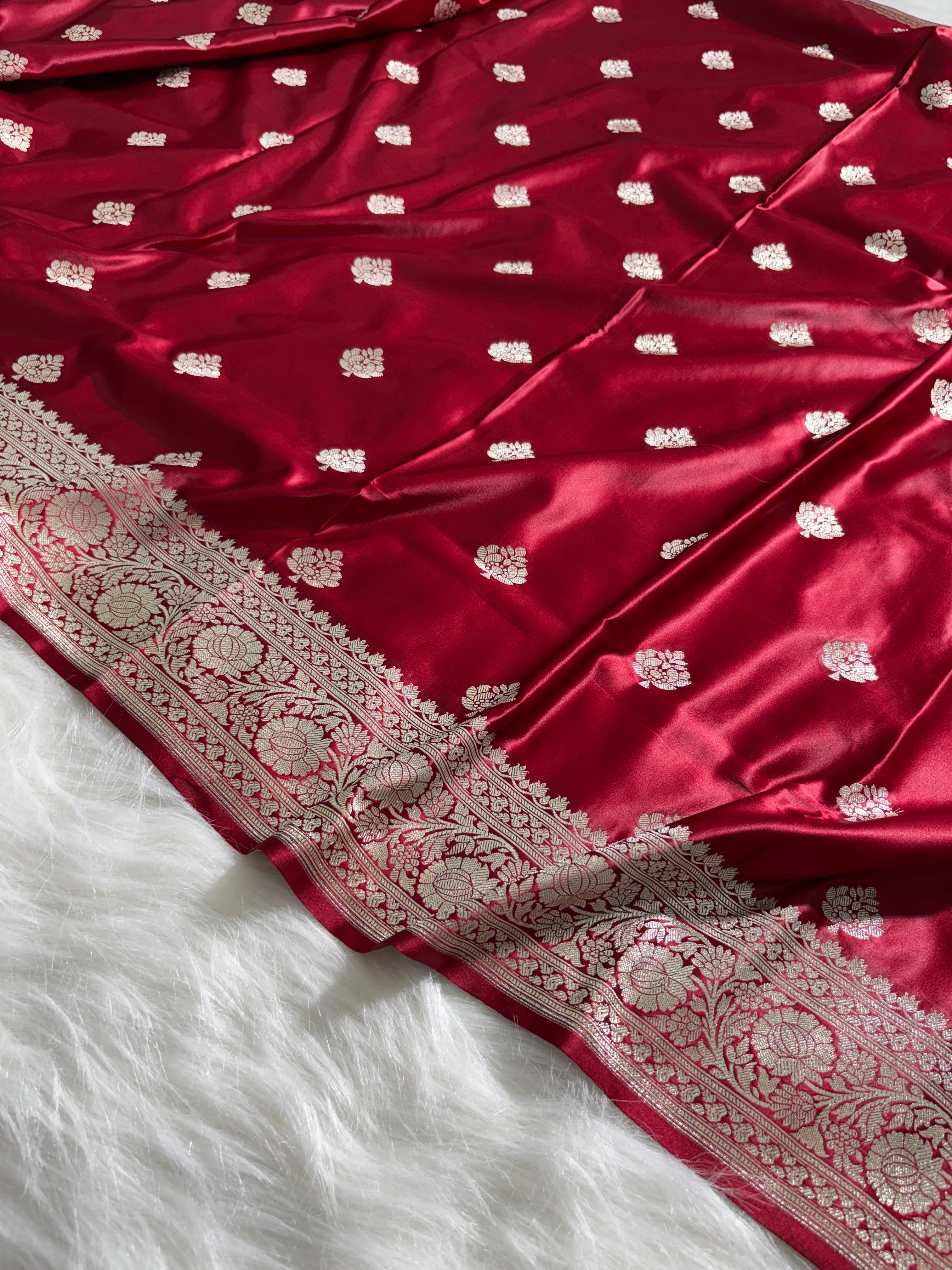 Maroon Floral Booti Satin Katan Silk Saree