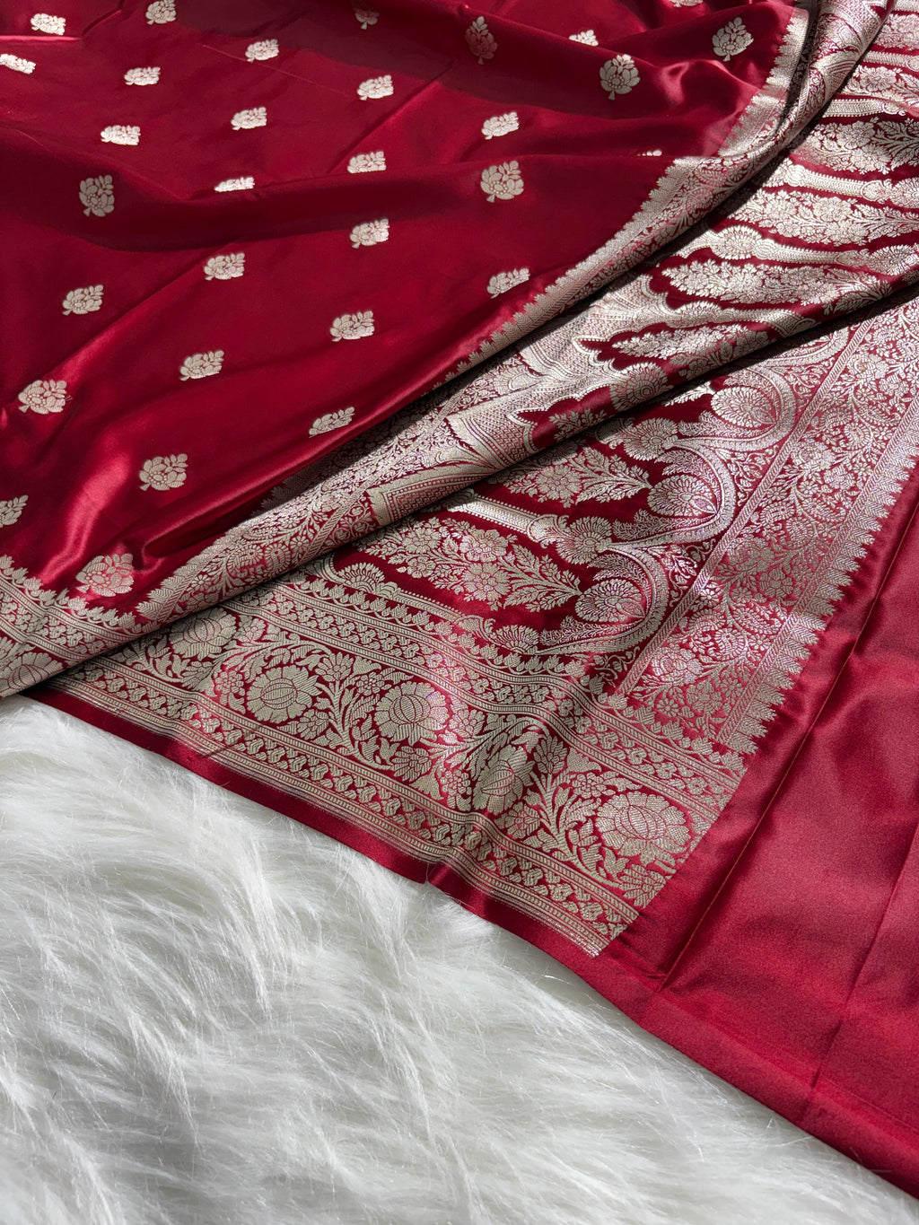 Maroon Floral Booti Satin Katan Silk Saree