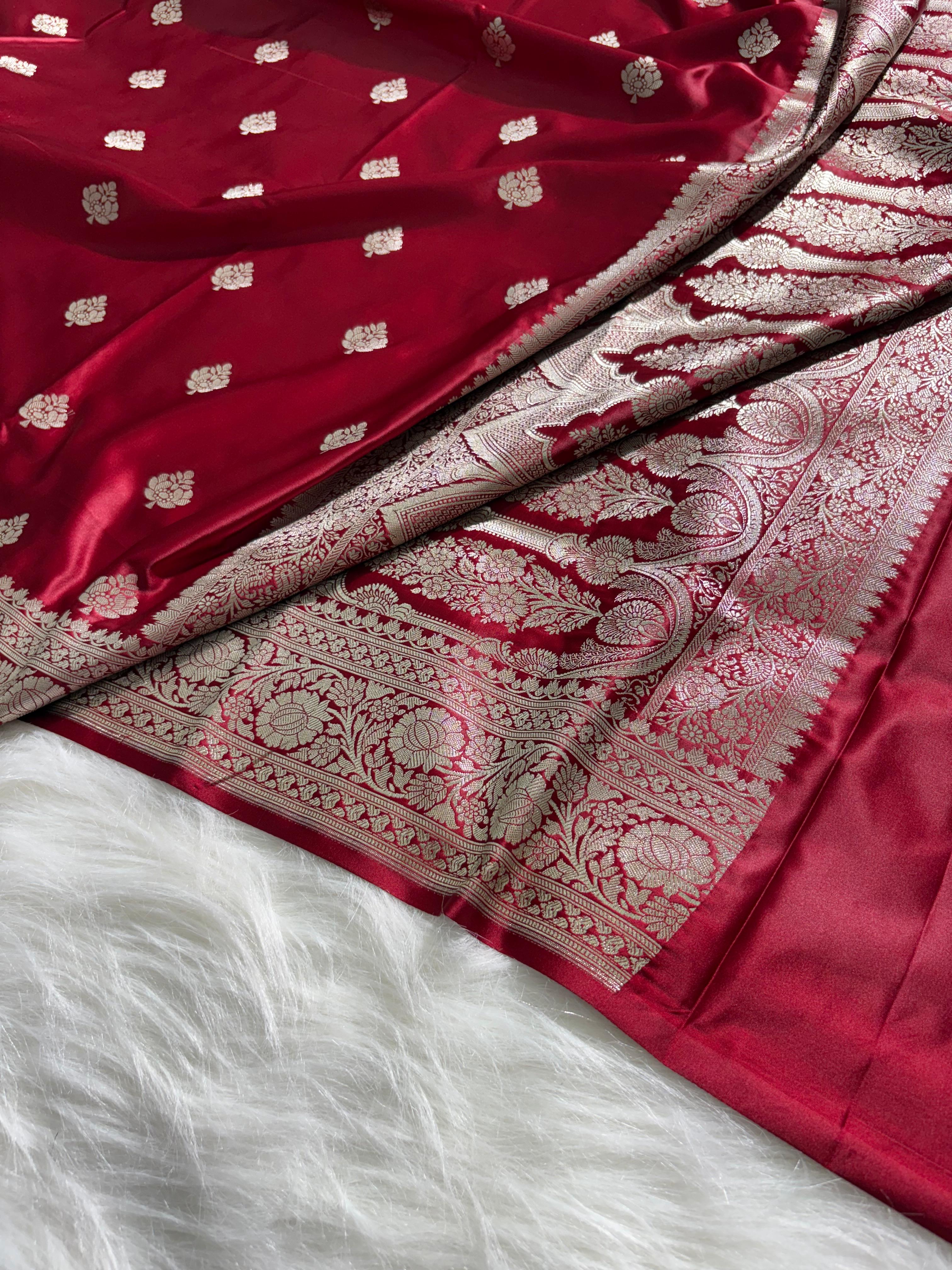 Maroon Floral Booti Satin Katan Silk Saree