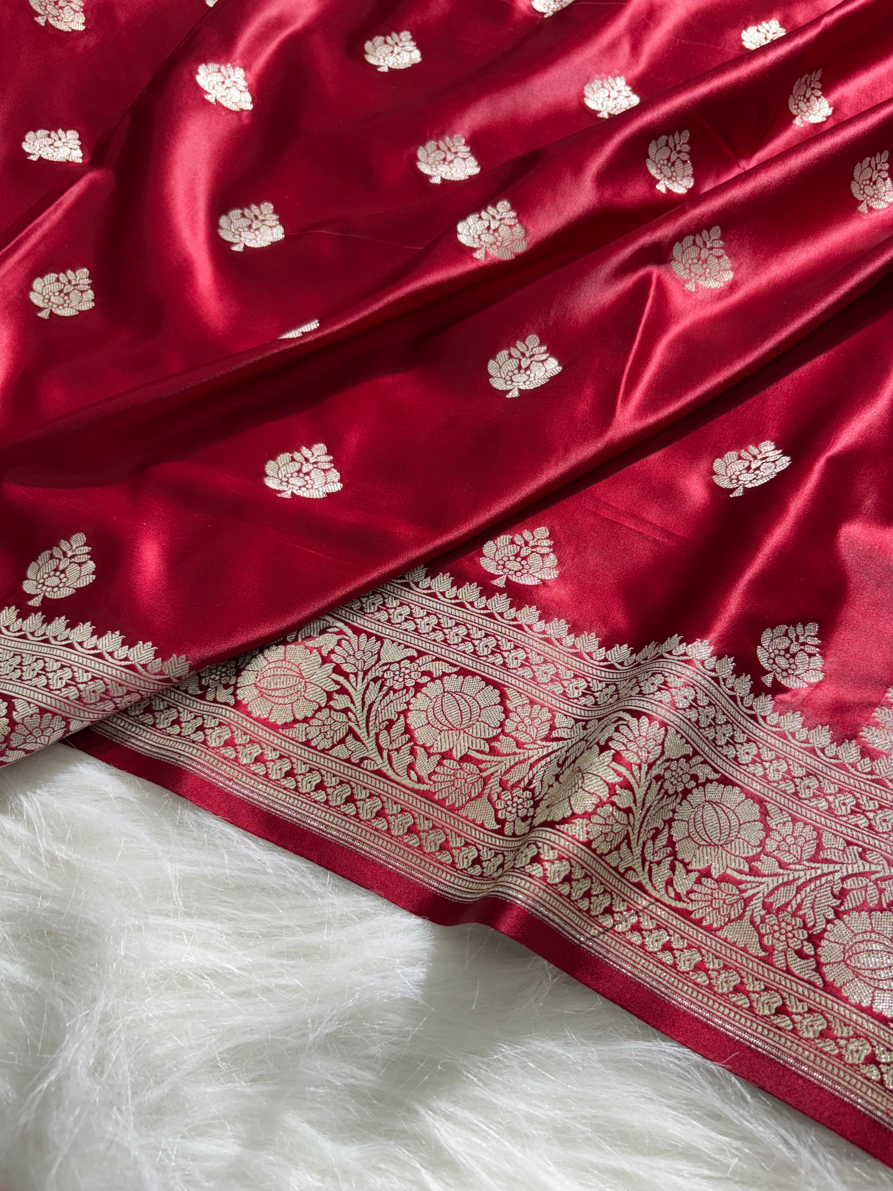 Maroon Floral Booti Satin Katan Silk Saree