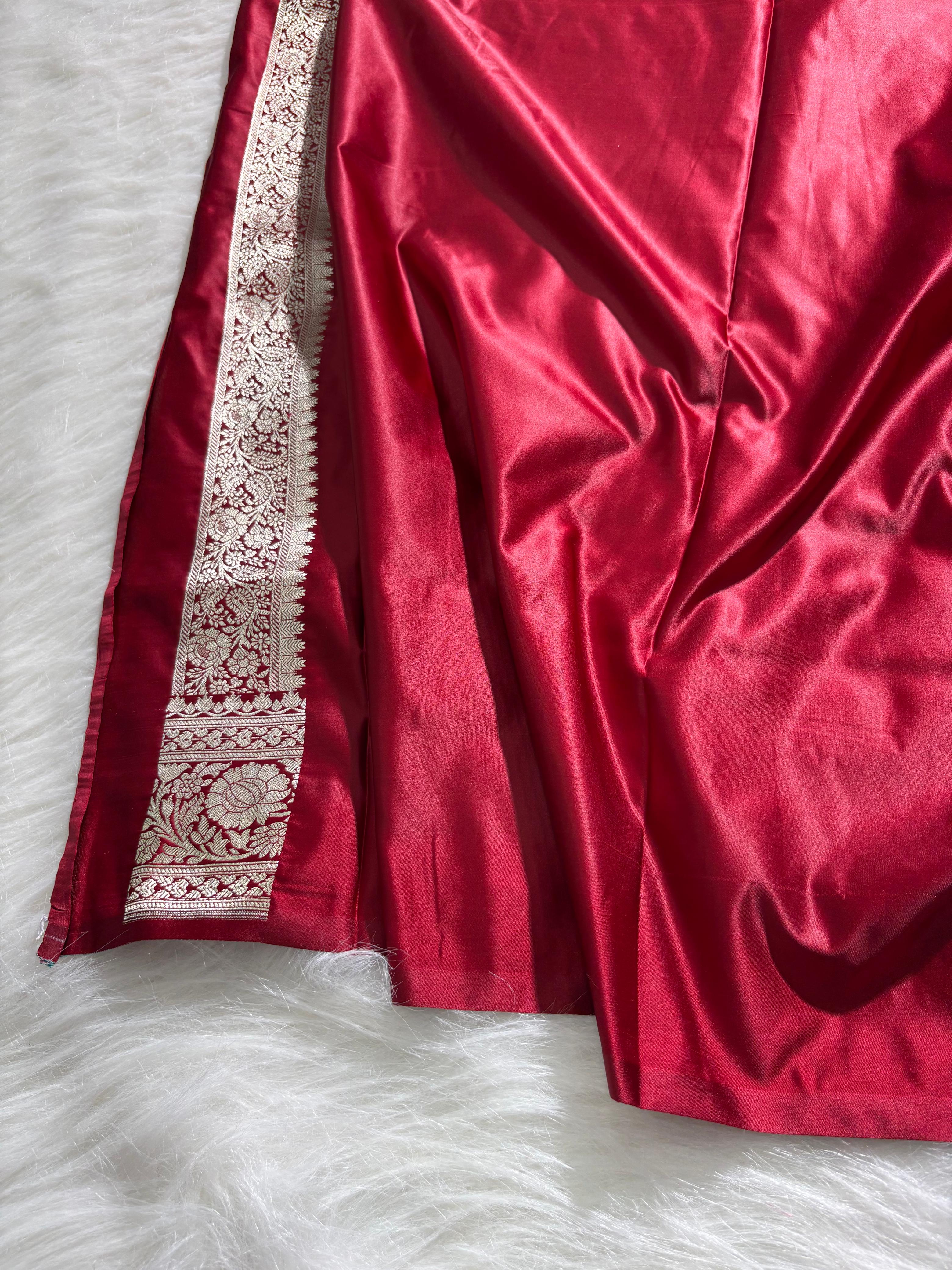 Maroon Floral Booti Satin Katan Silk Saree