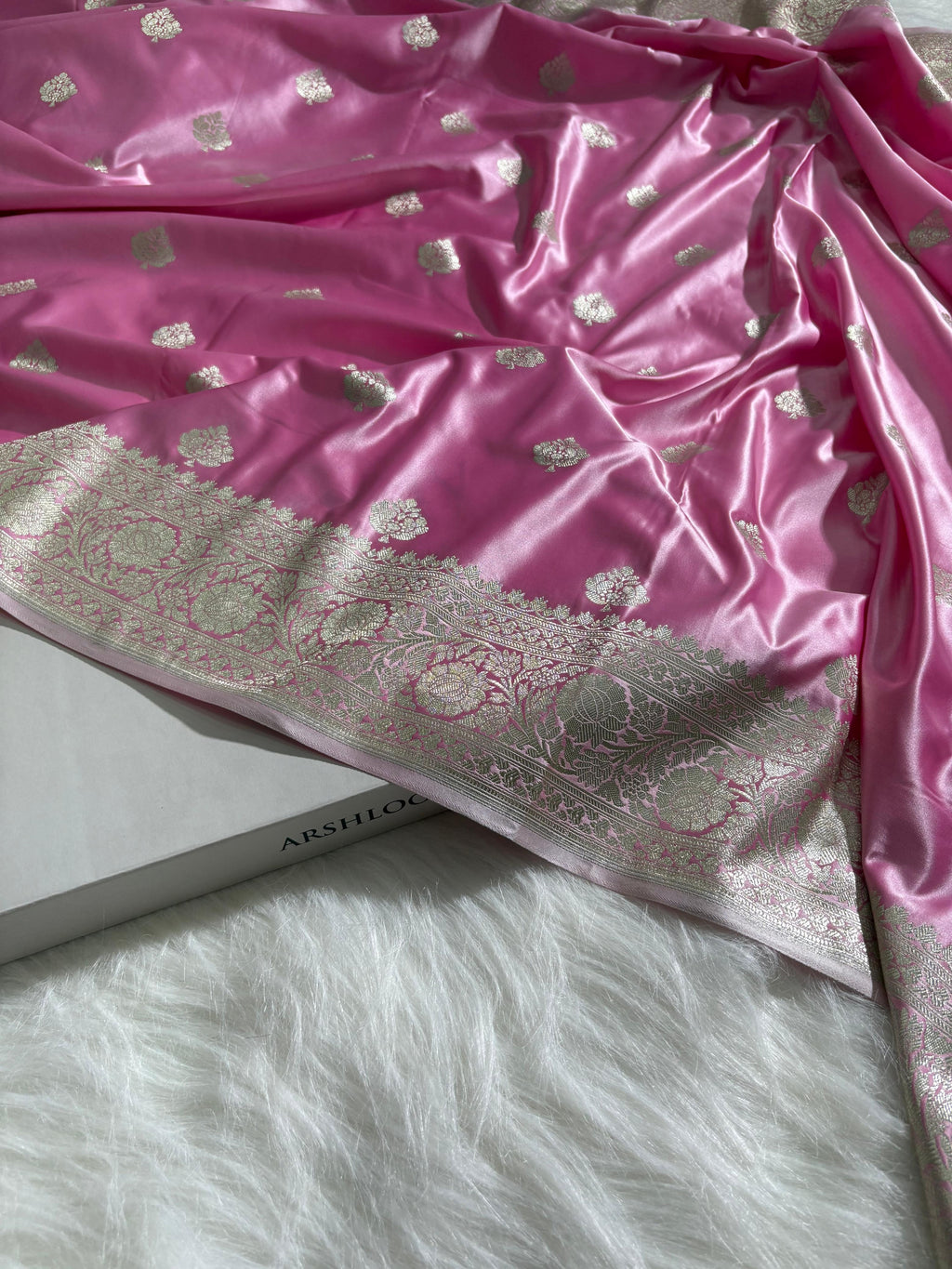 Baby Pink Shades Booti Pattern Satin Katan Silk Saree