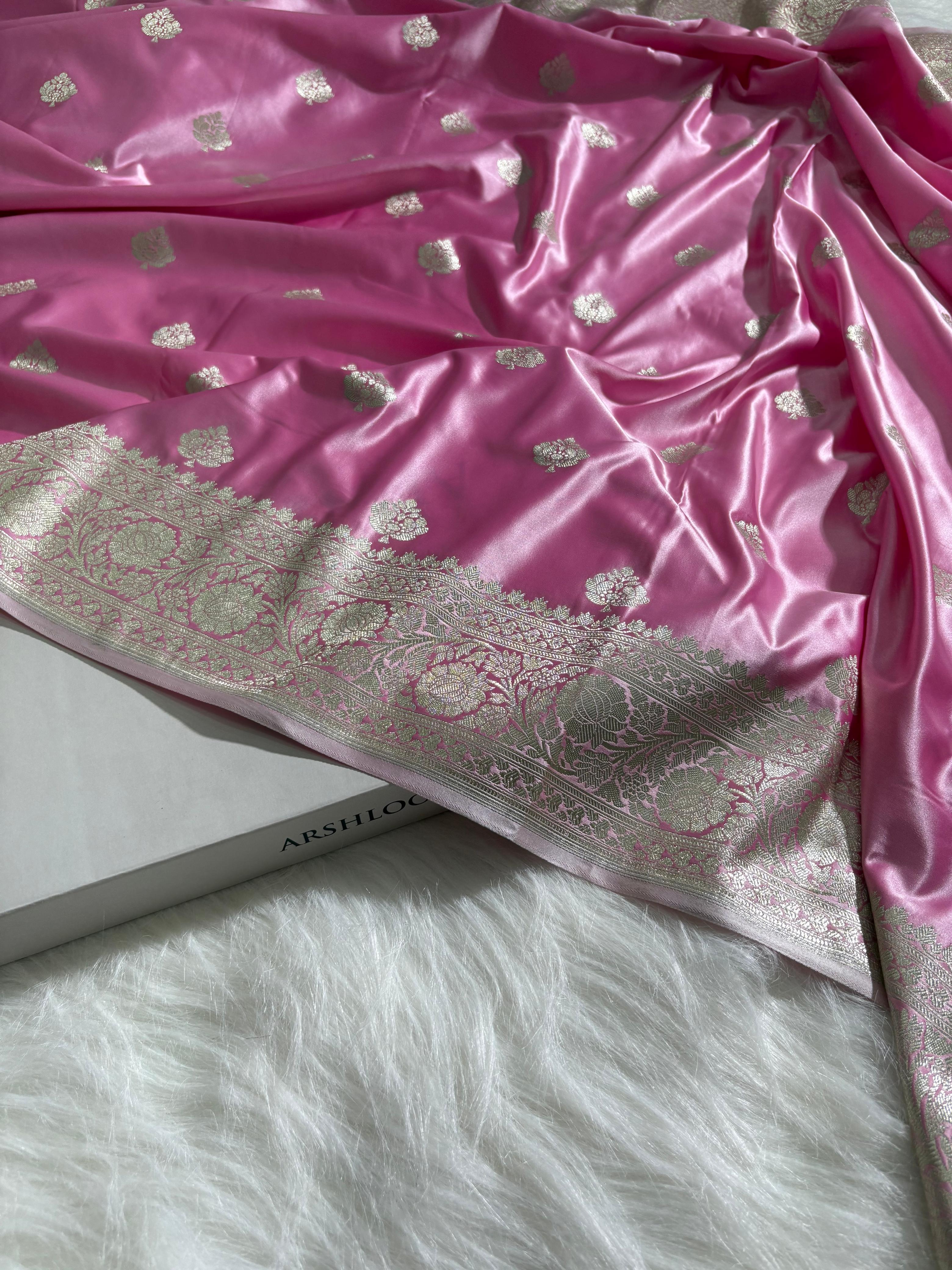 Baby Pink Shades Booti Pattern Satin Katan Silk Saree