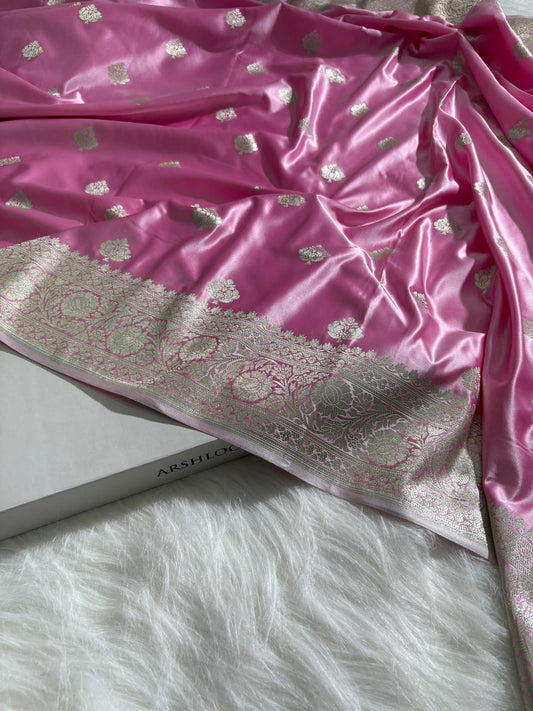 Baby Pink Shades Booti Pattern Satin Katan Silk Saree