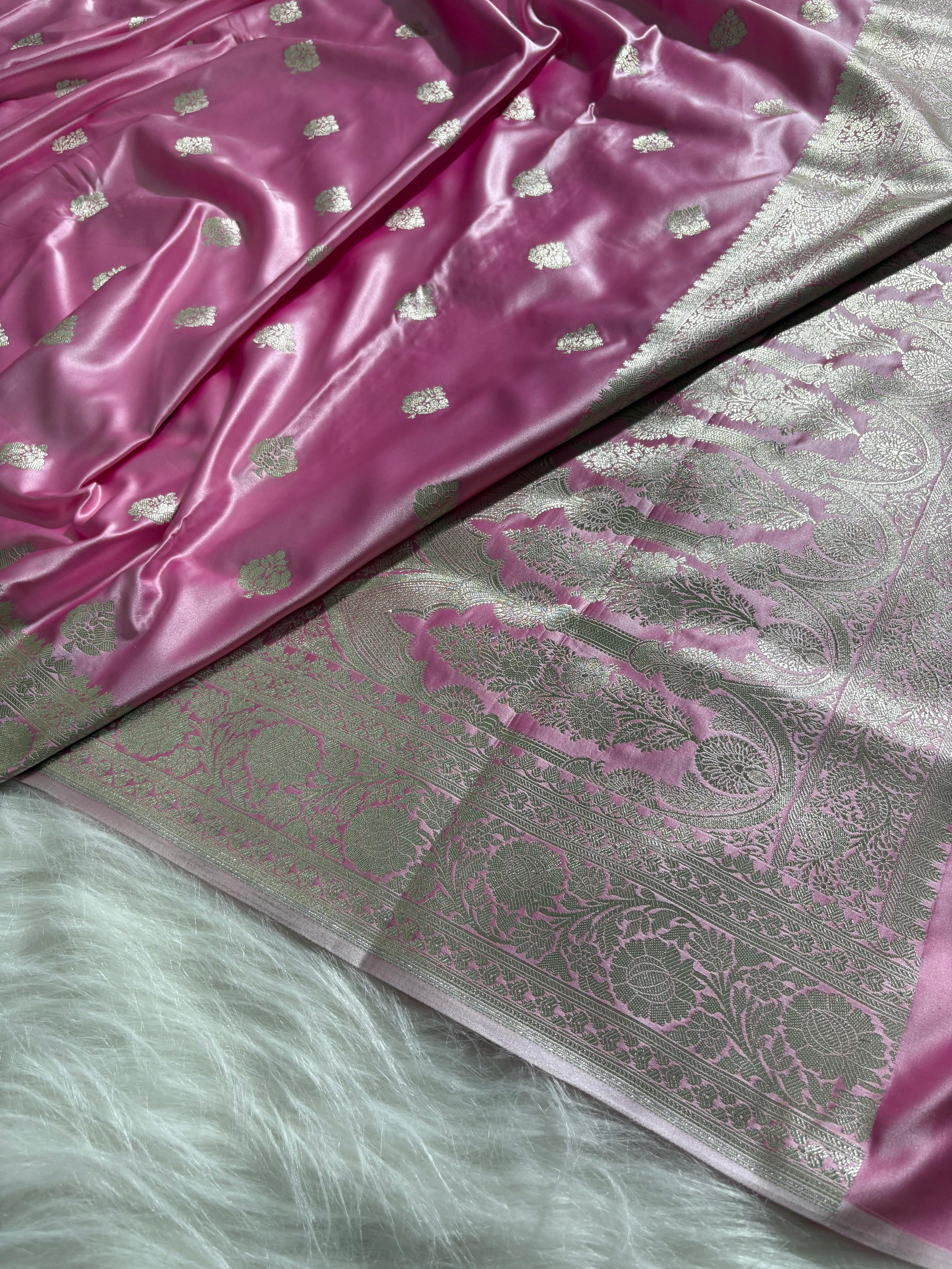 Baby Pink Shades Booti Pattern Satin Katan Silk Saree