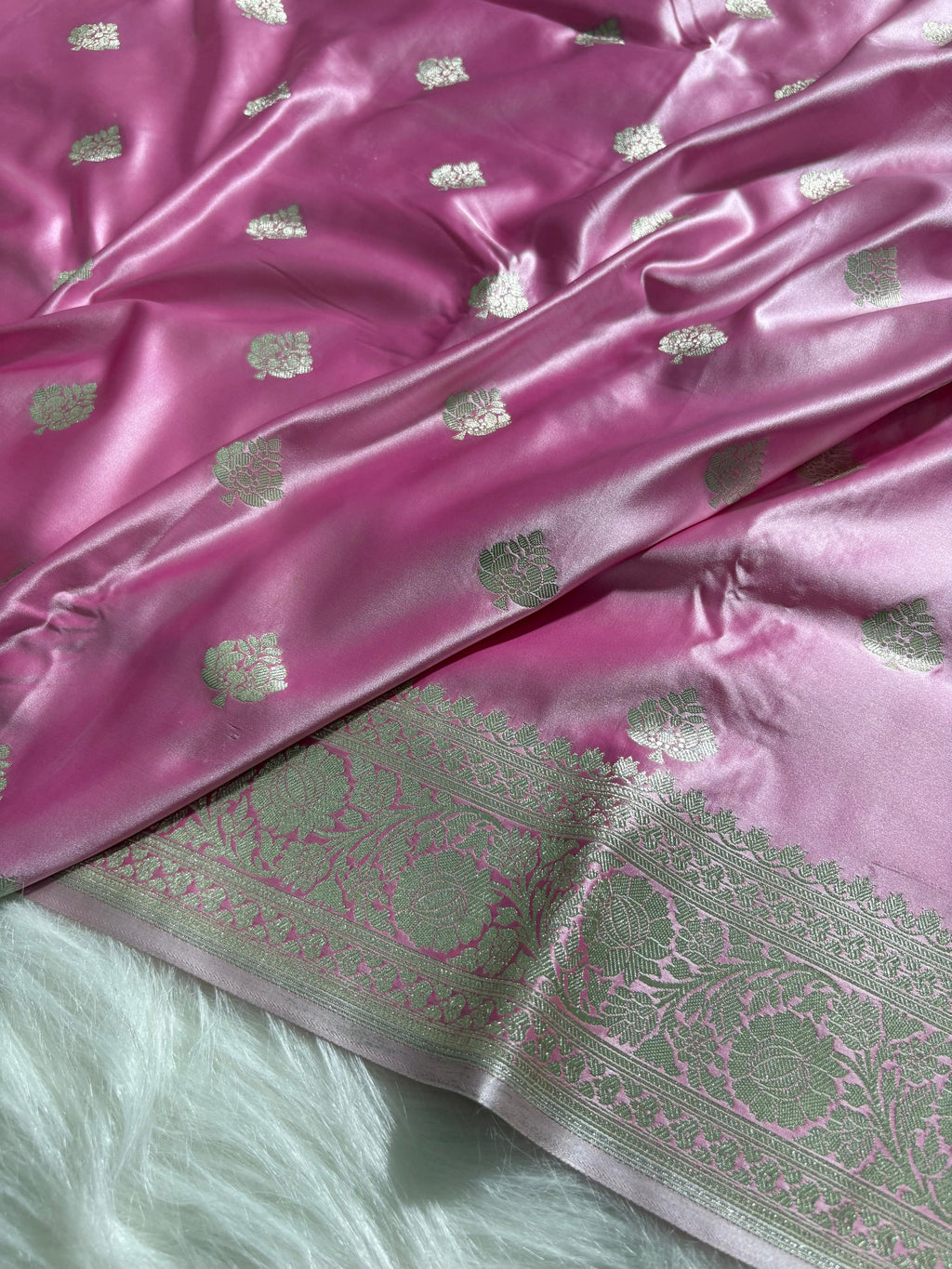 Baby Pink Shades Booti Pattern Satin Katan Silk Saree