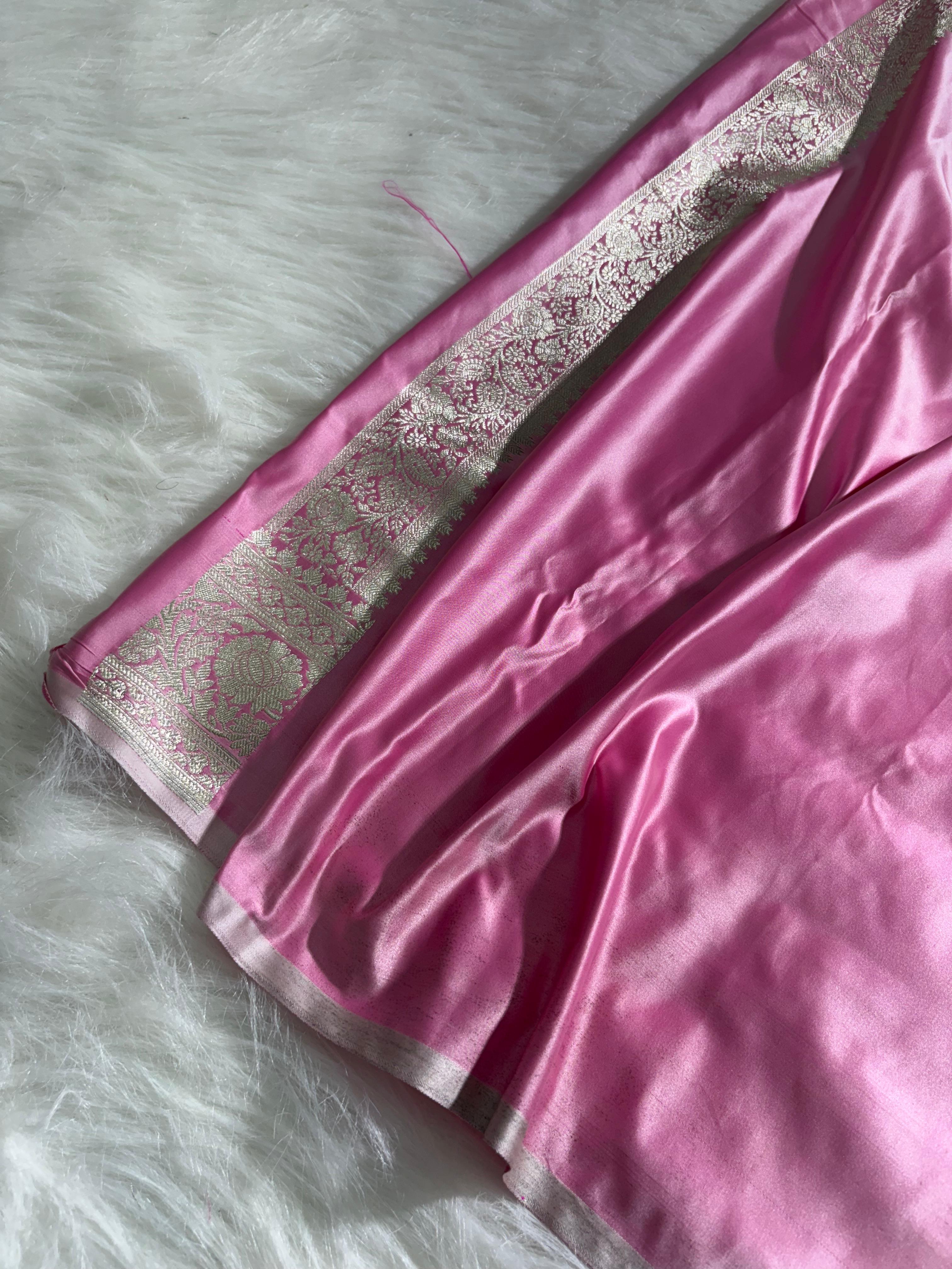 Baby Pink Shades Booti Pattern Satin Katan Silk Saree