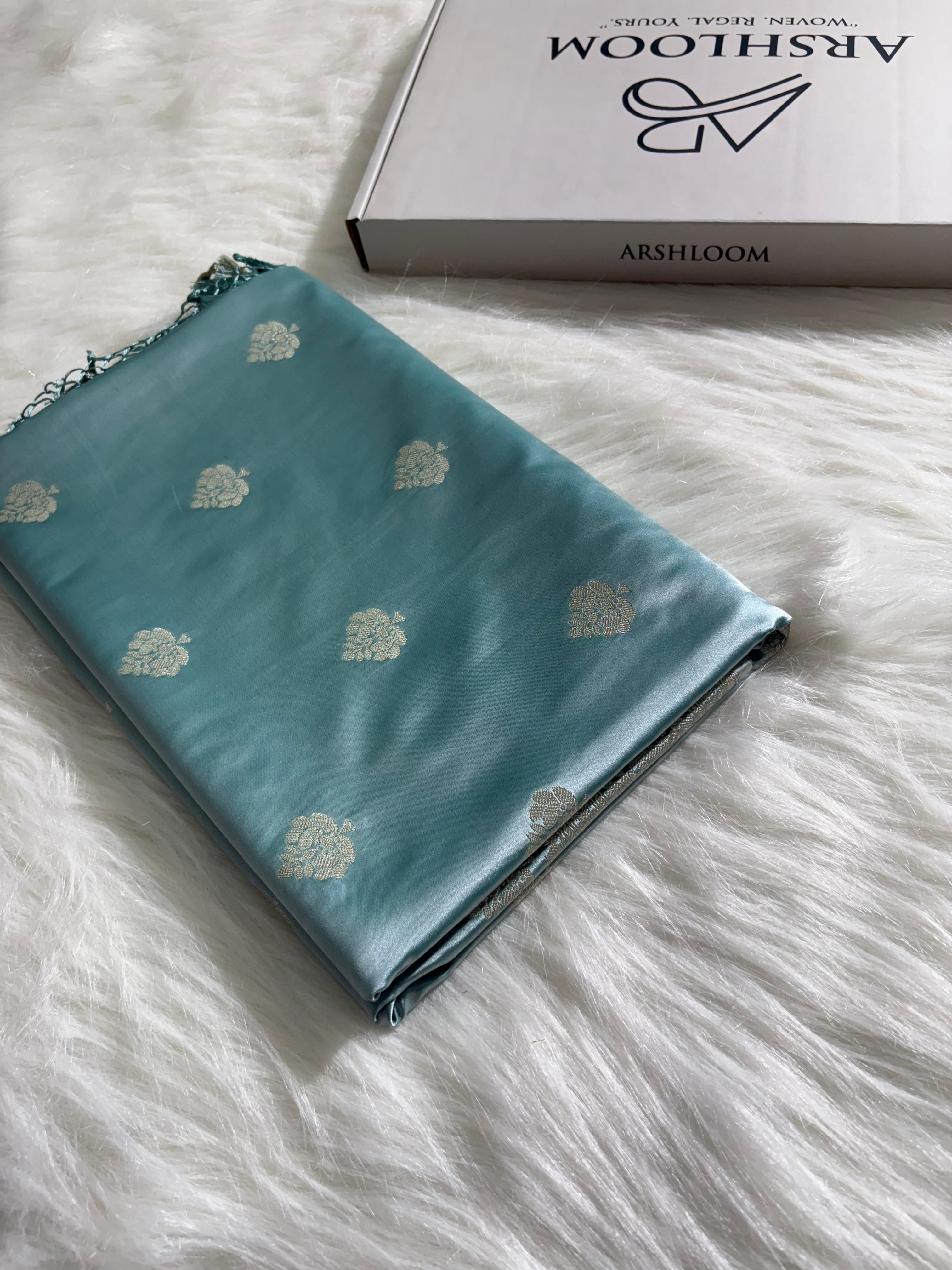 Sea-green Floral Booti Satin Katan Silk Saree