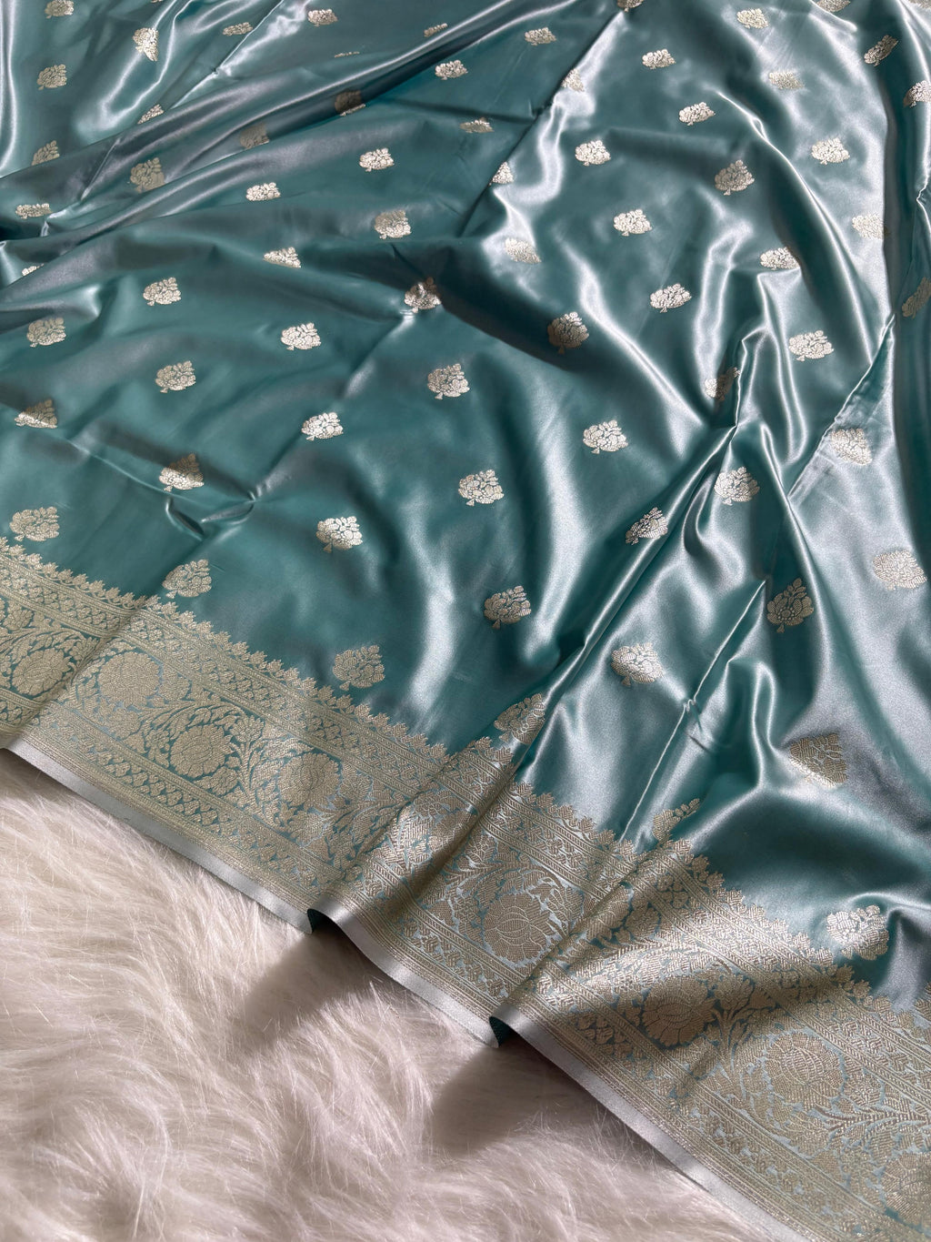 Sea-green Floral Booti Satin Katan Silk Saree