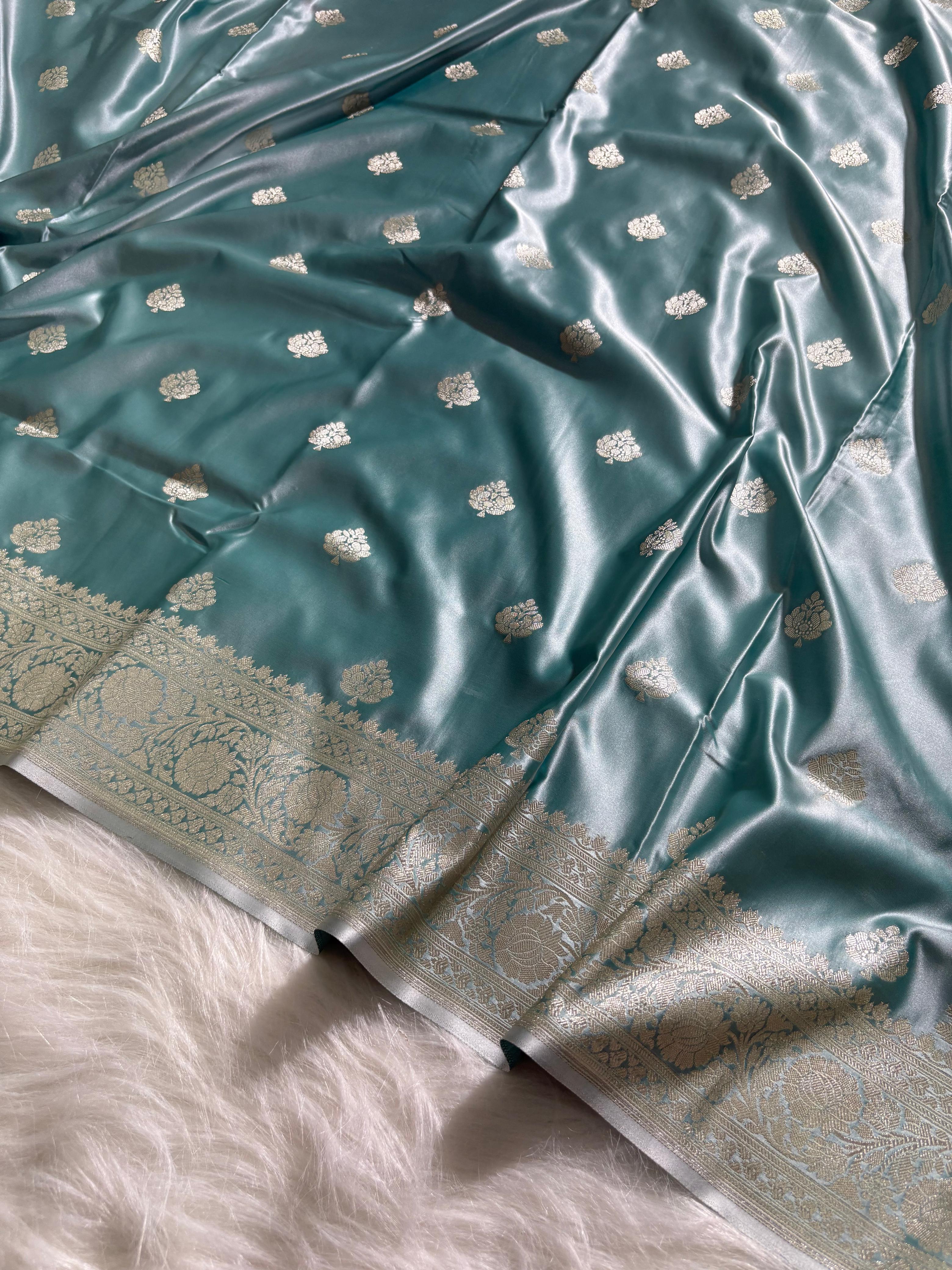 Sea-green Floral Booti Satin Katan Silk Saree
