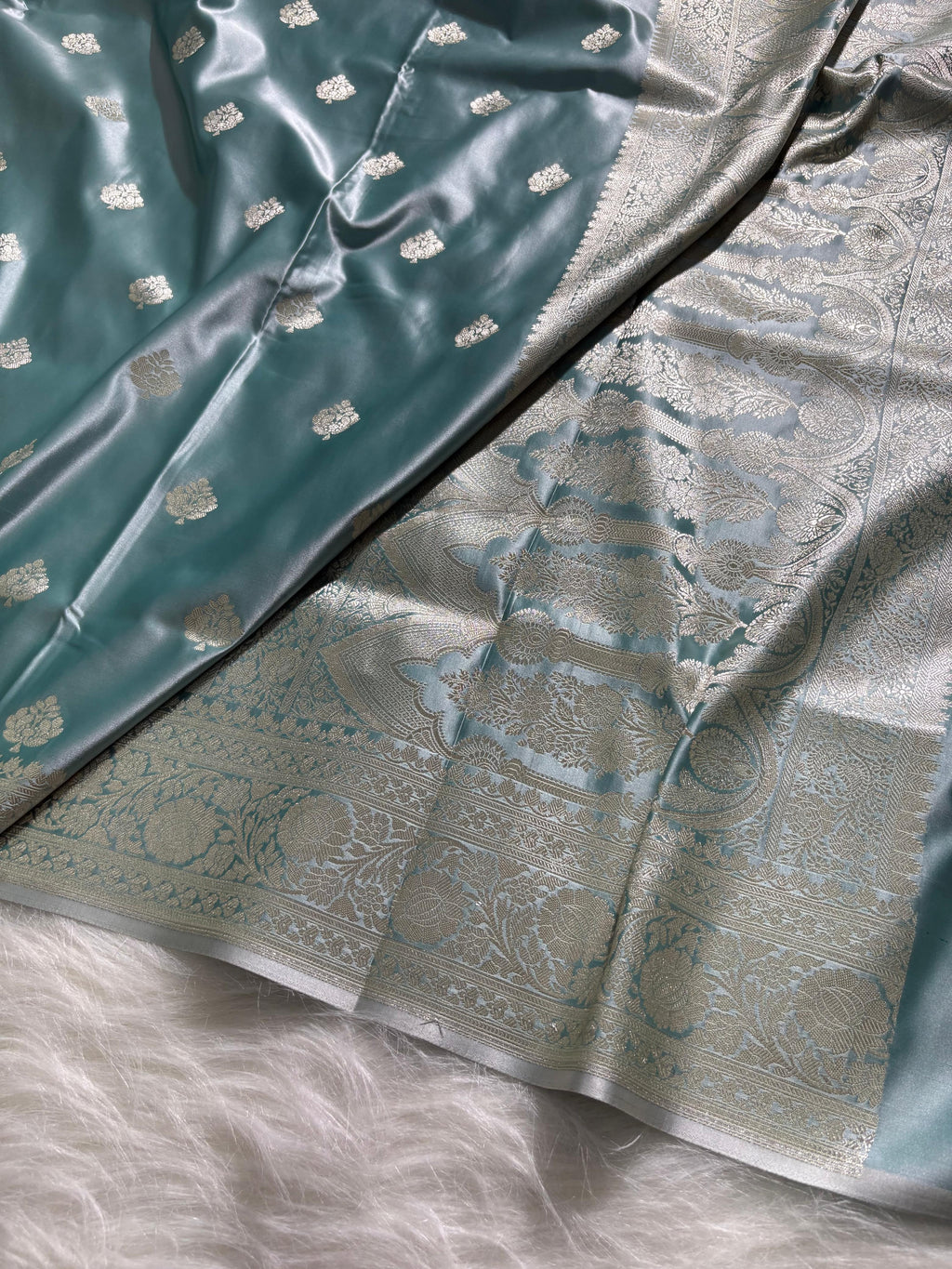 Sea-green Floral Booti Satin Katan Silk Saree