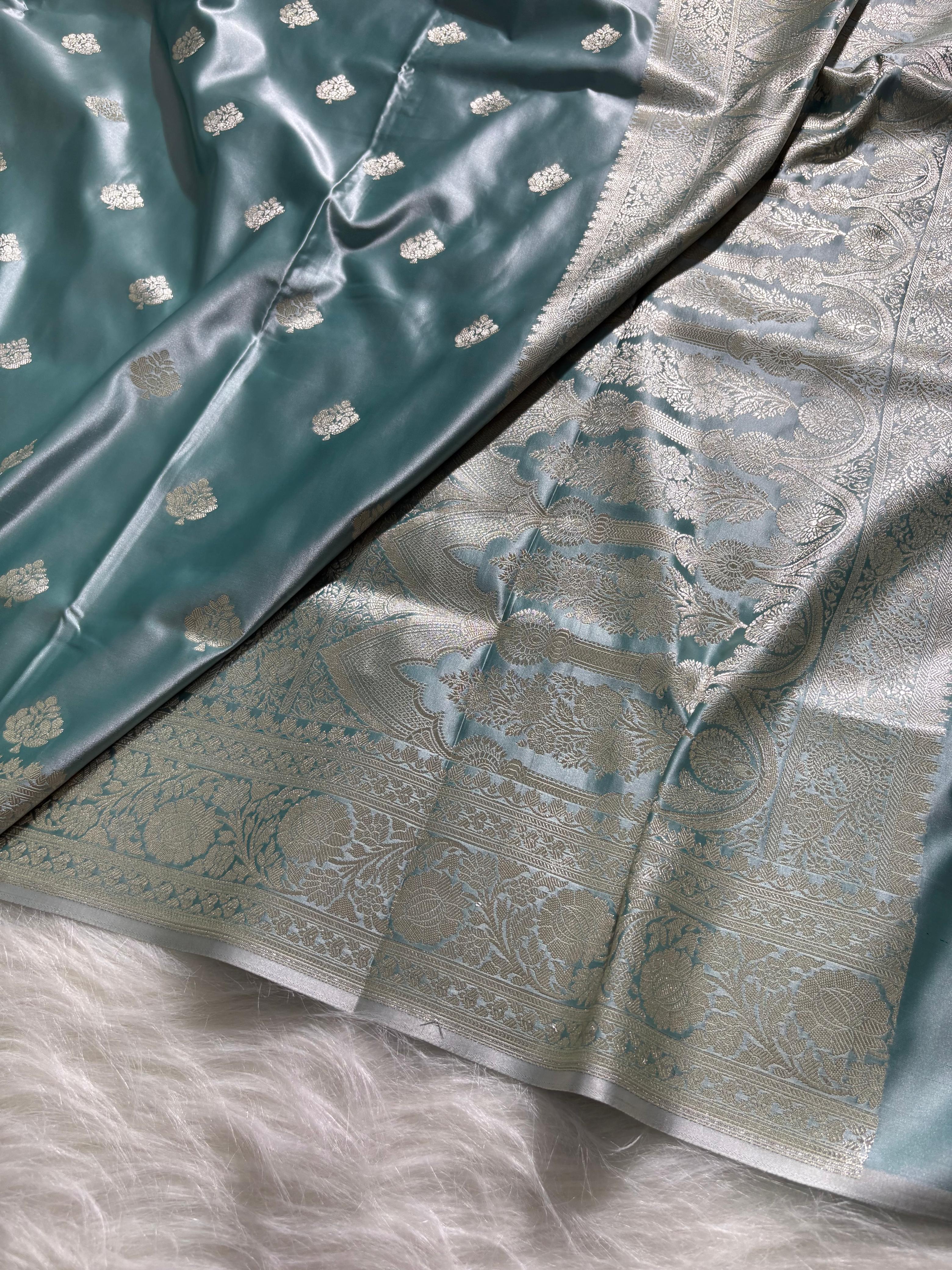 Sea-green Floral Booti Satin Katan Silk Saree