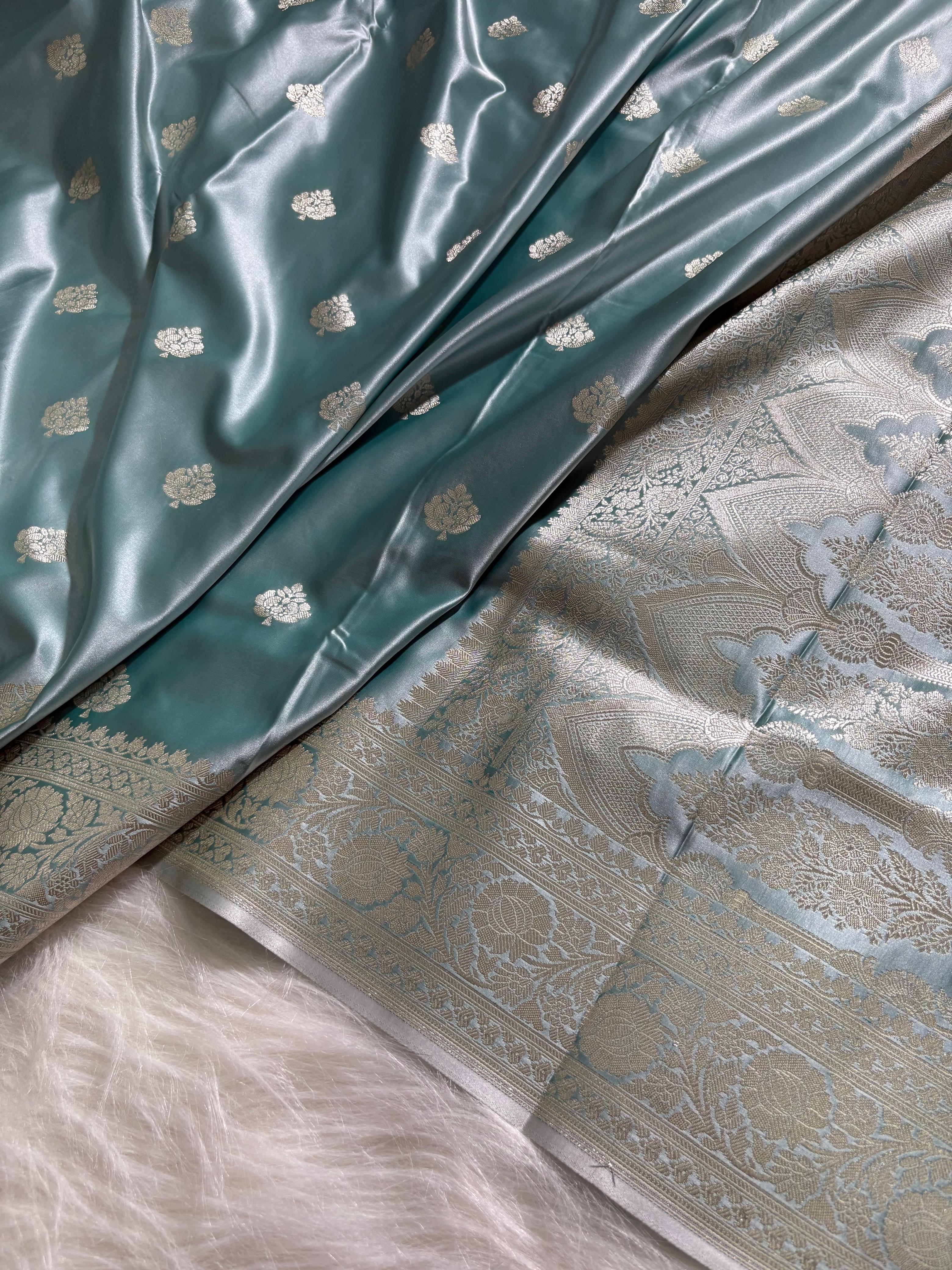 Sea-green Floral Booti Satin Katan Silk Saree