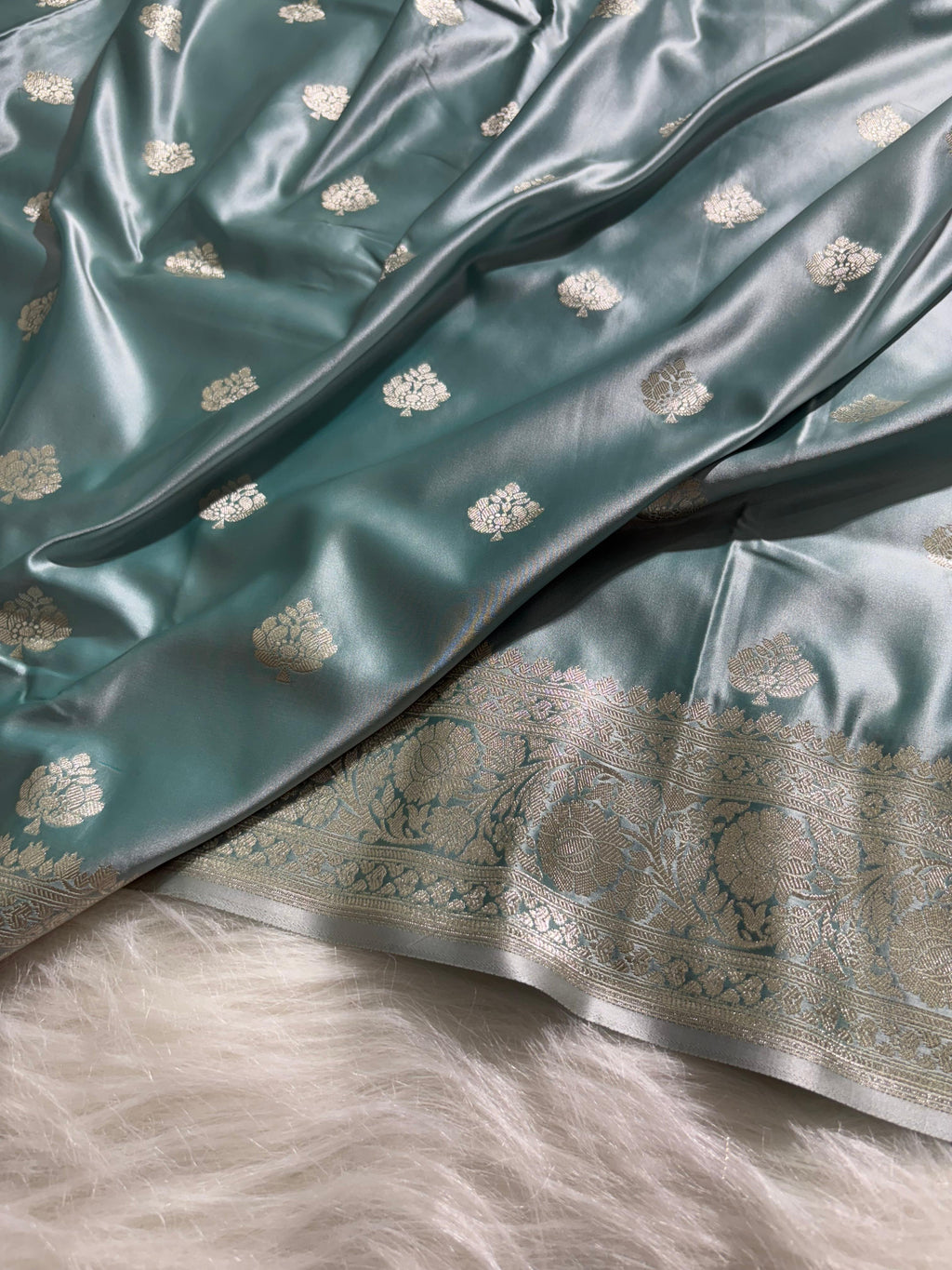 Sea-green Floral Booti Satin Katan Silk Saree