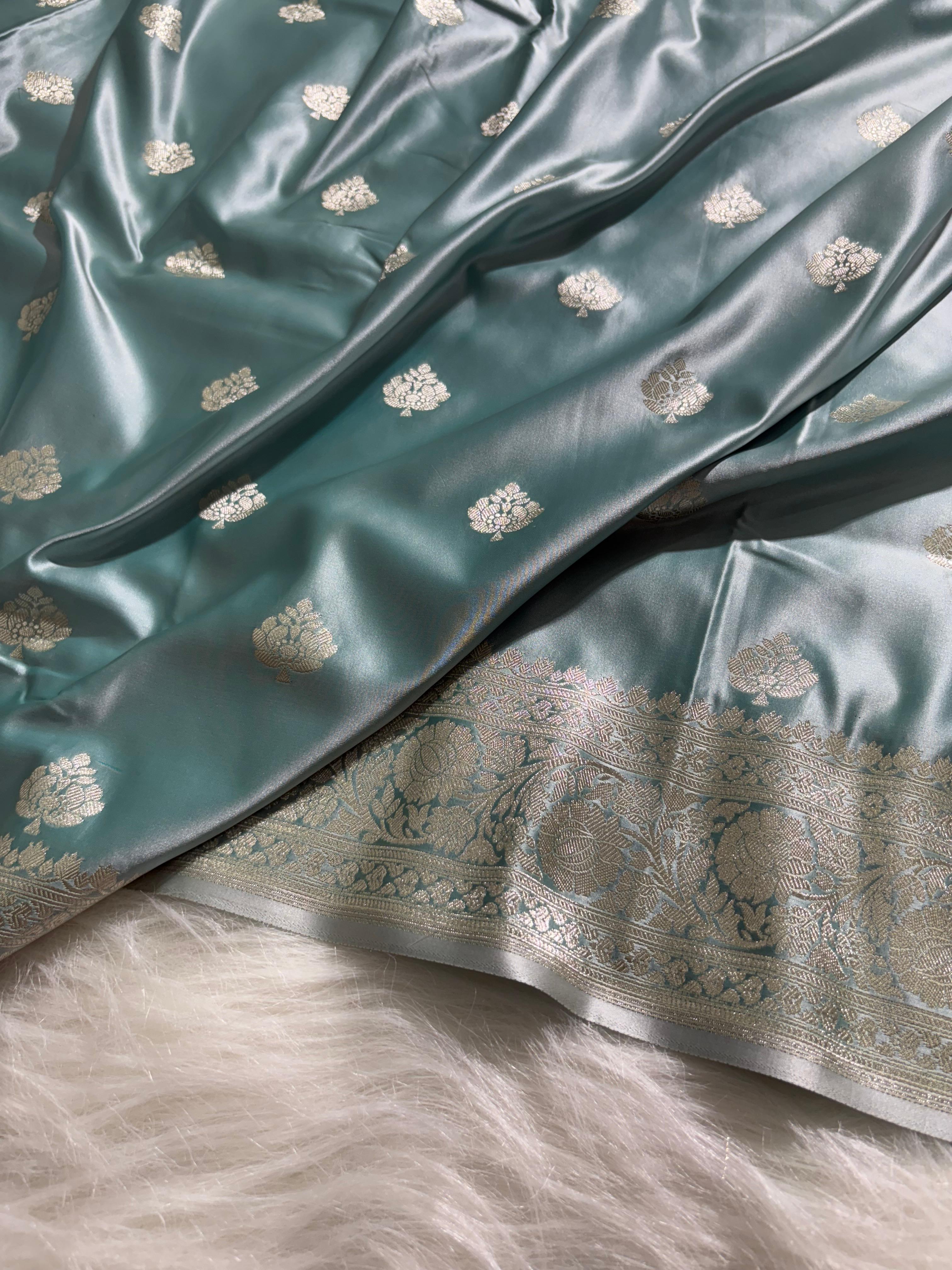Sea-green Floral Booti Satin Katan Silk Saree