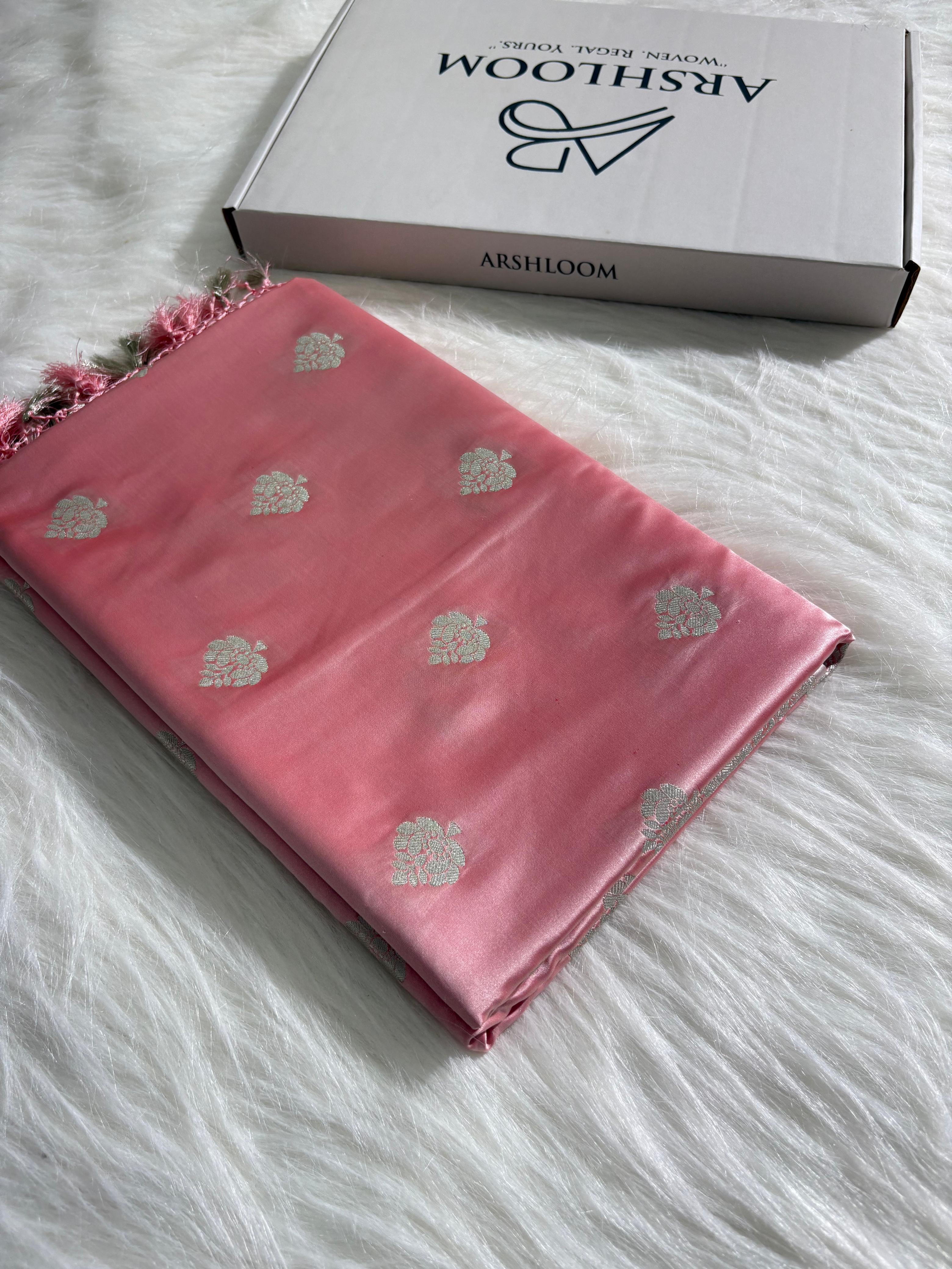 Rose-Gold Floral Booti Satin Katan Silk Saree