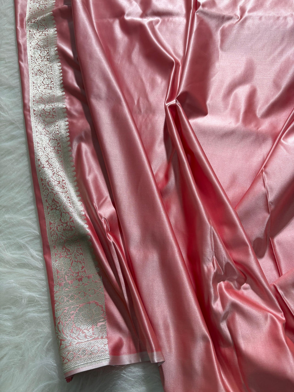 Rose-Gold Floral Booti Satin Katan Silk Saree