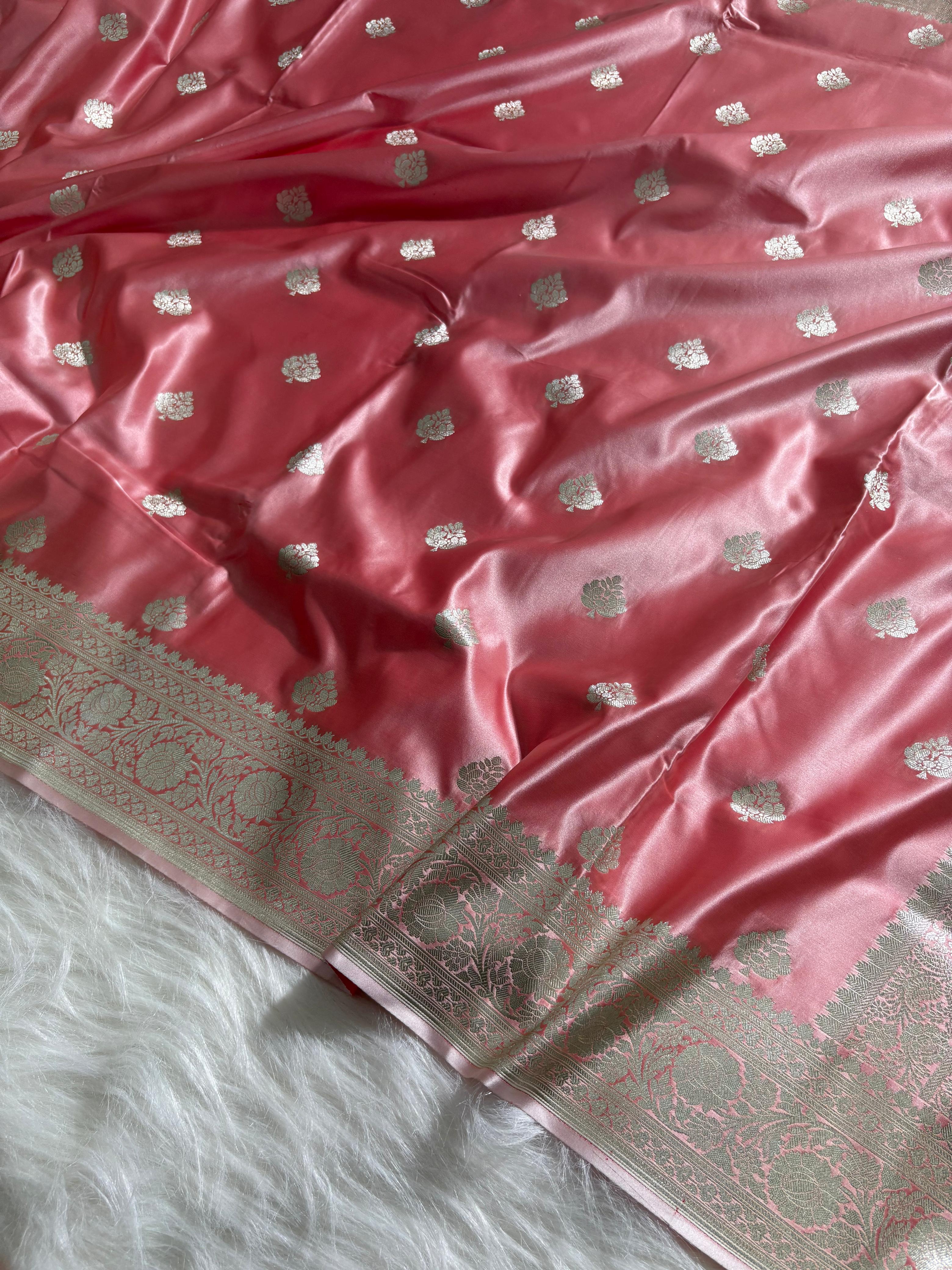 Rose-Gold Floral Booti Satin Katan Silk Saree
