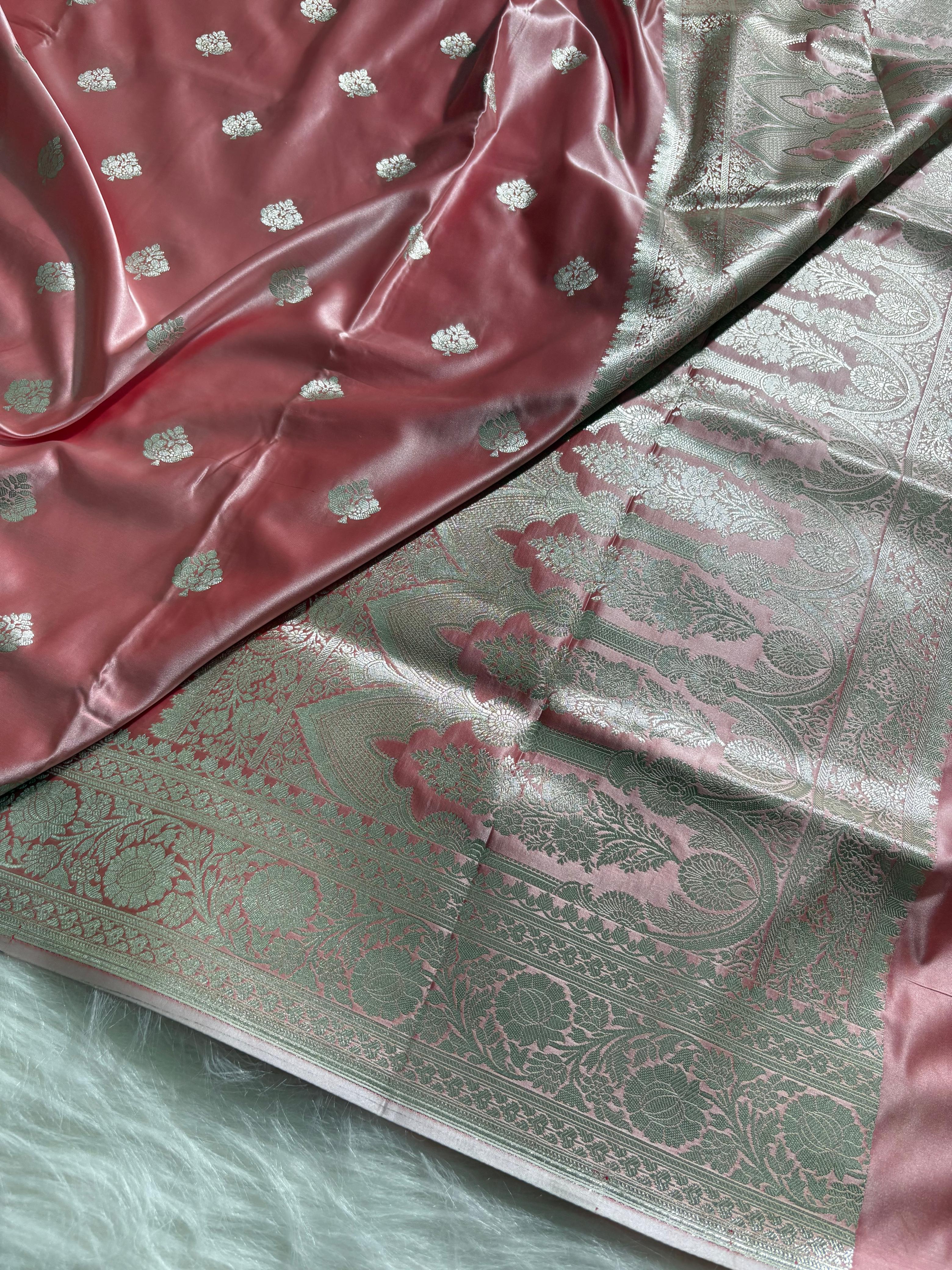 Rose-Gold Floral Booti Satin Katan Silk Saree