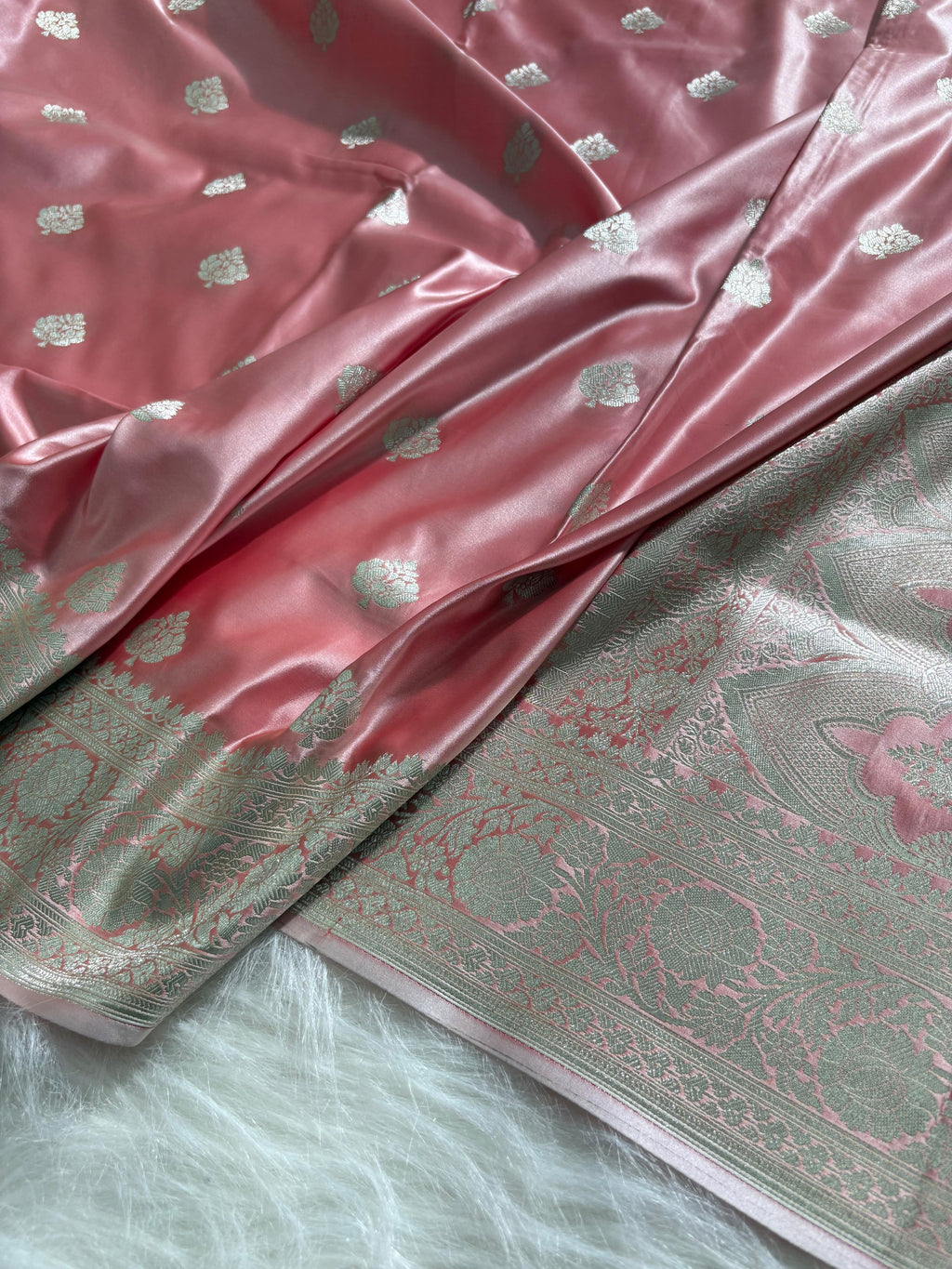 Rose-Gold Floral Booti Satin Katan Silk Saree