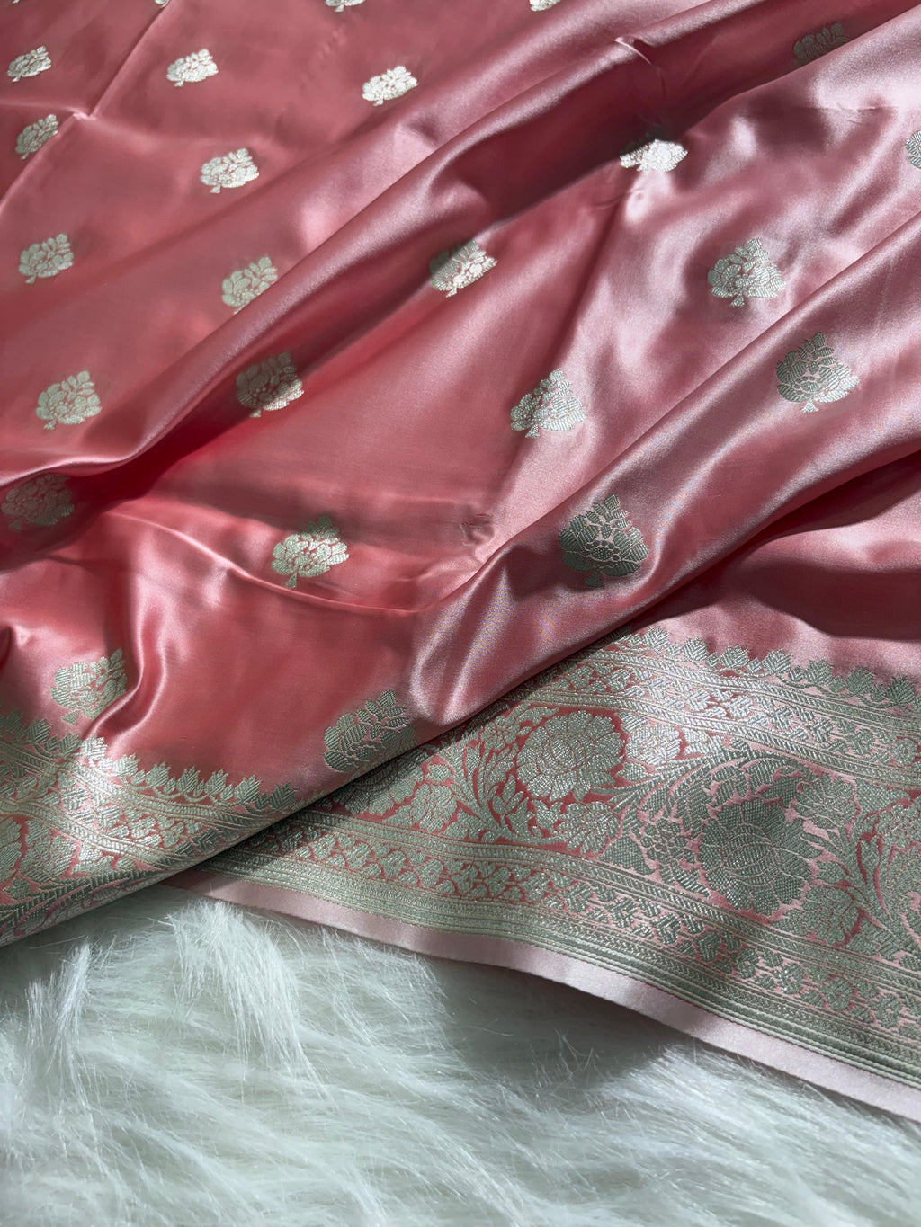 Rose-Gold Floral Booti Satin Katan Silk Saree