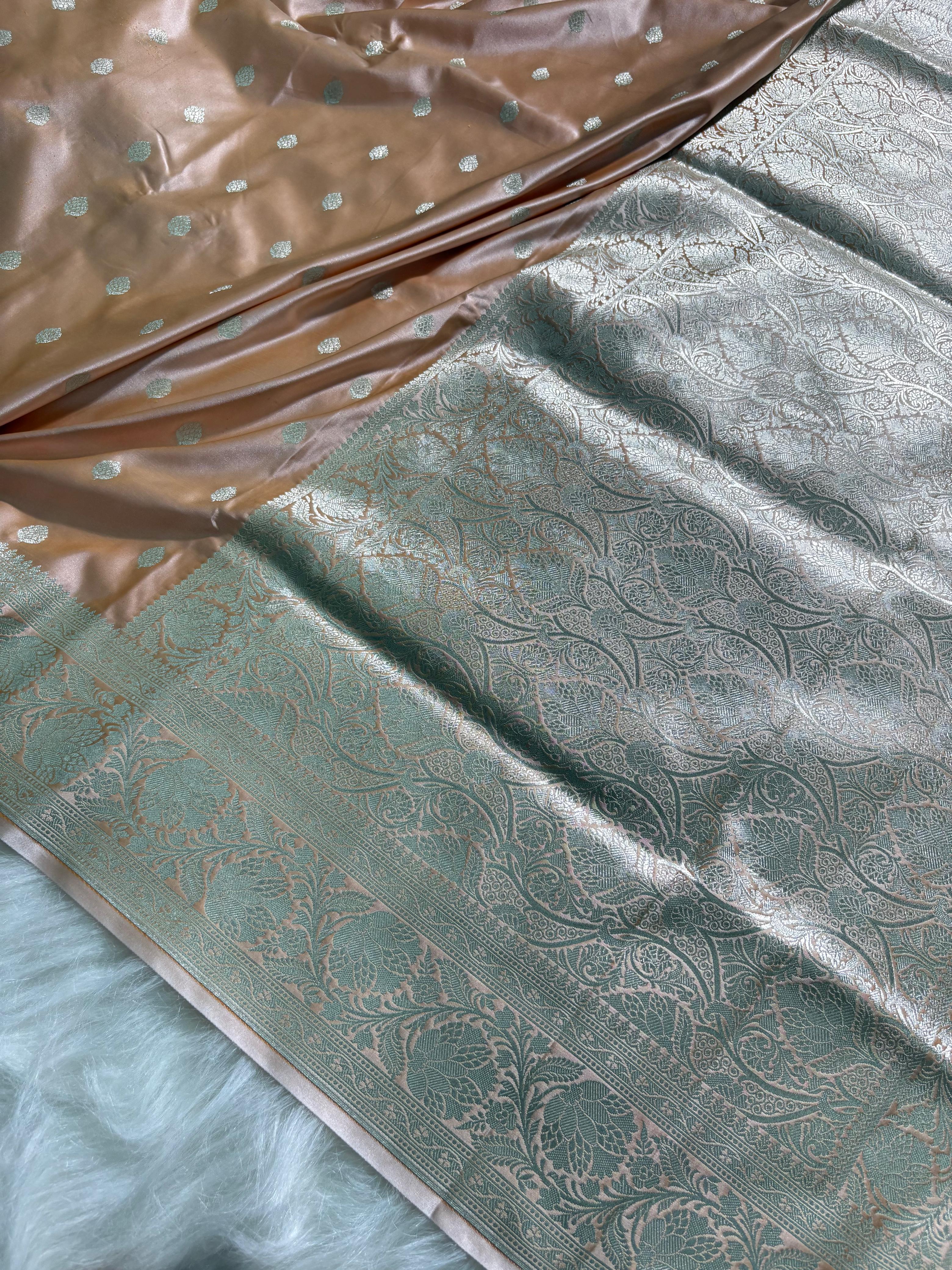 Caramel Beige Booti Satin Katan Silk Saree
