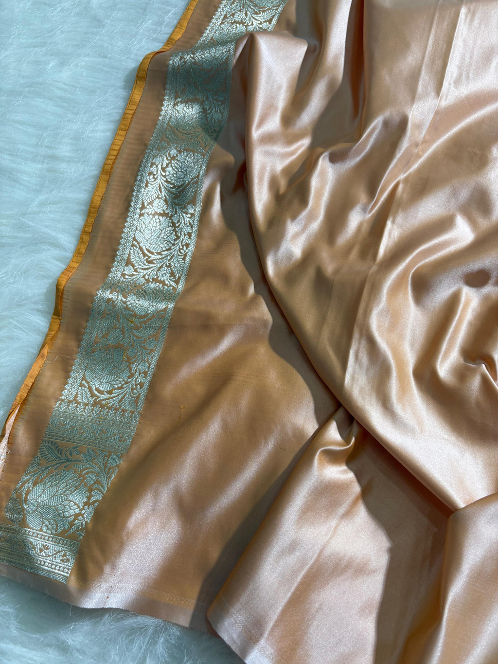 Caramel Beige Booti Satin Katan Silk Saree