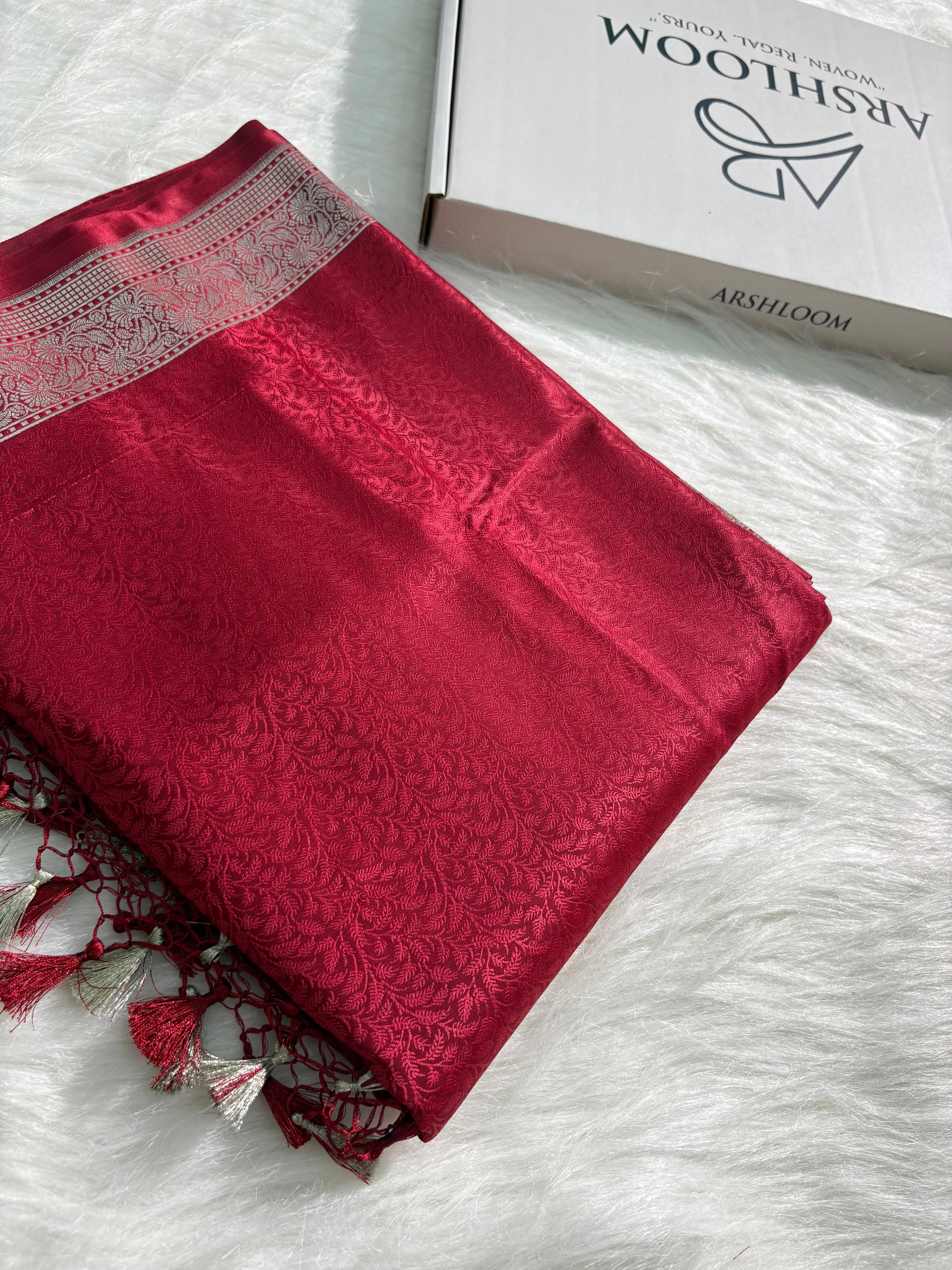 Maroon Floral Tanchoi Mashru Silk Saree