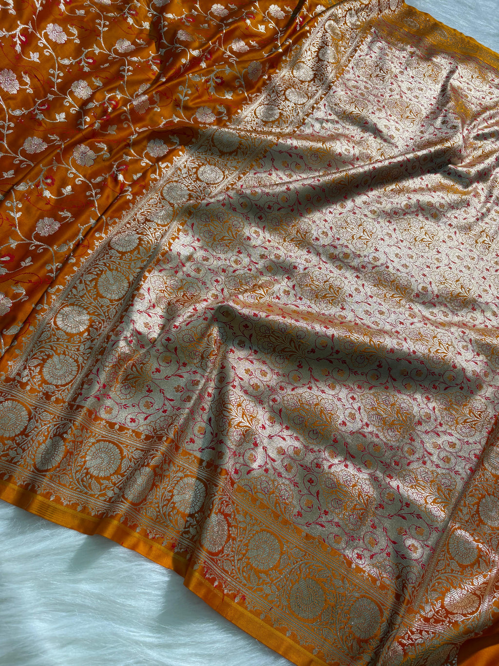 Tangerine Orange Minakari Floral Pattern Mashru Silk Saree