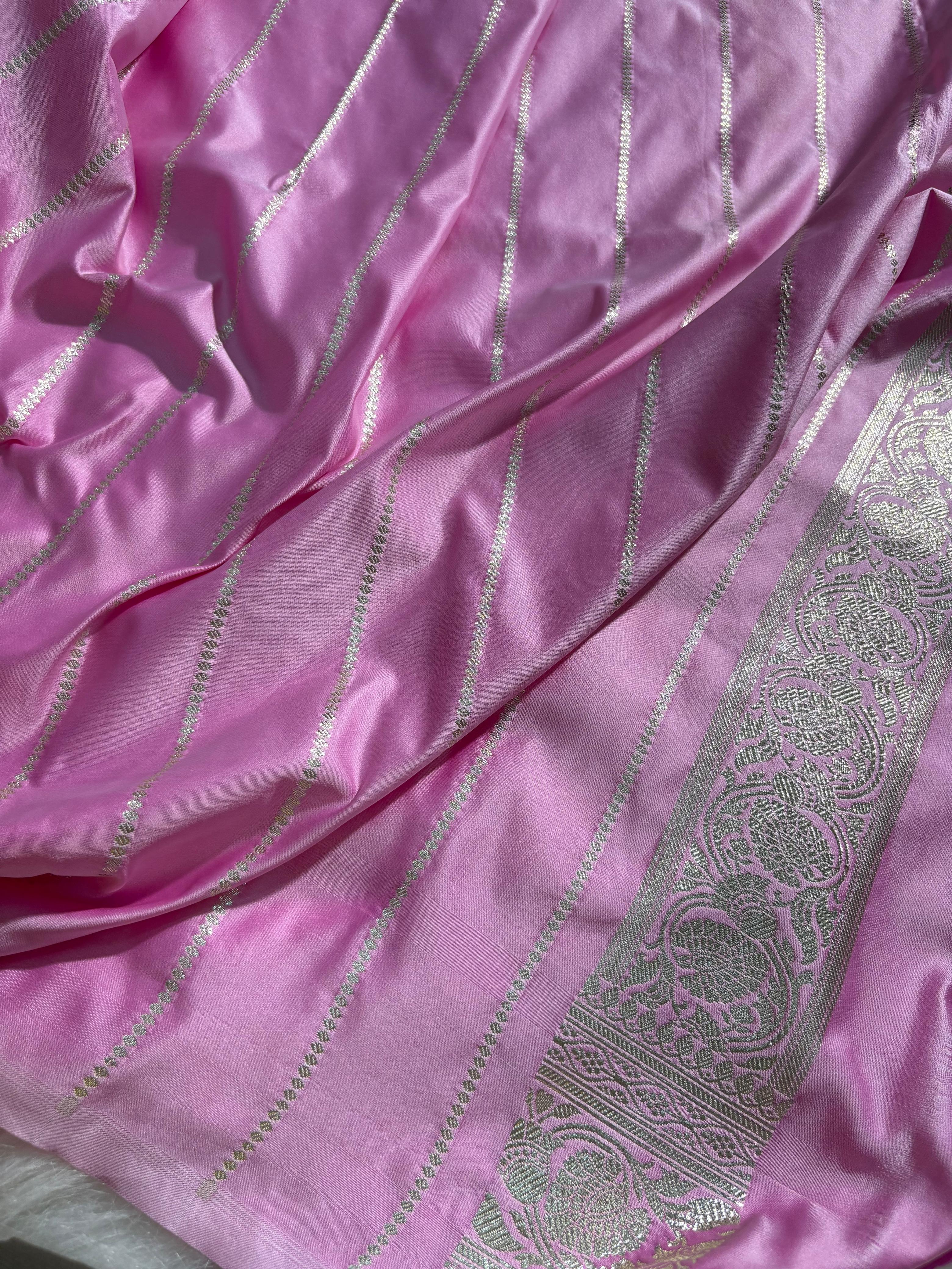 Satin Silk Saree Floral Booti in Baby Pink Shades