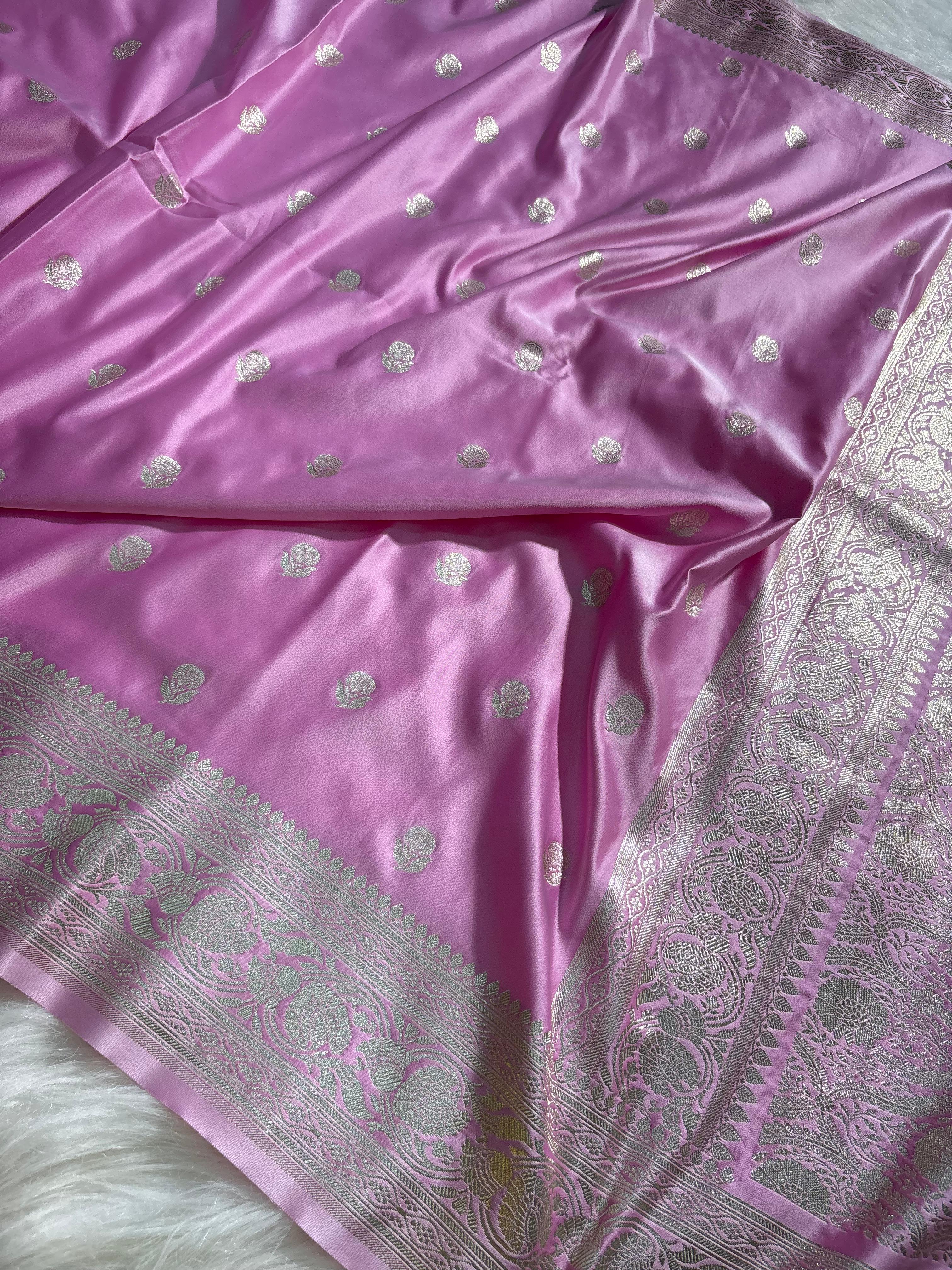 Satin Silk Saree Floral Booti in Baby Pink Shades