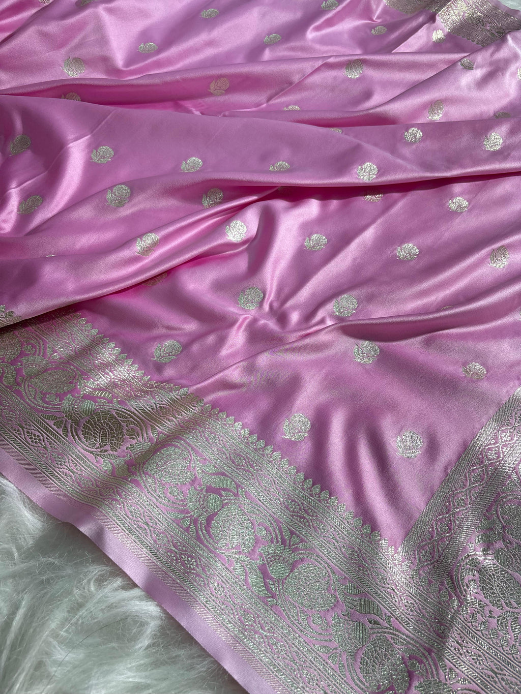 Satin Silk Saree Floral Booti in Baby Pink Shades