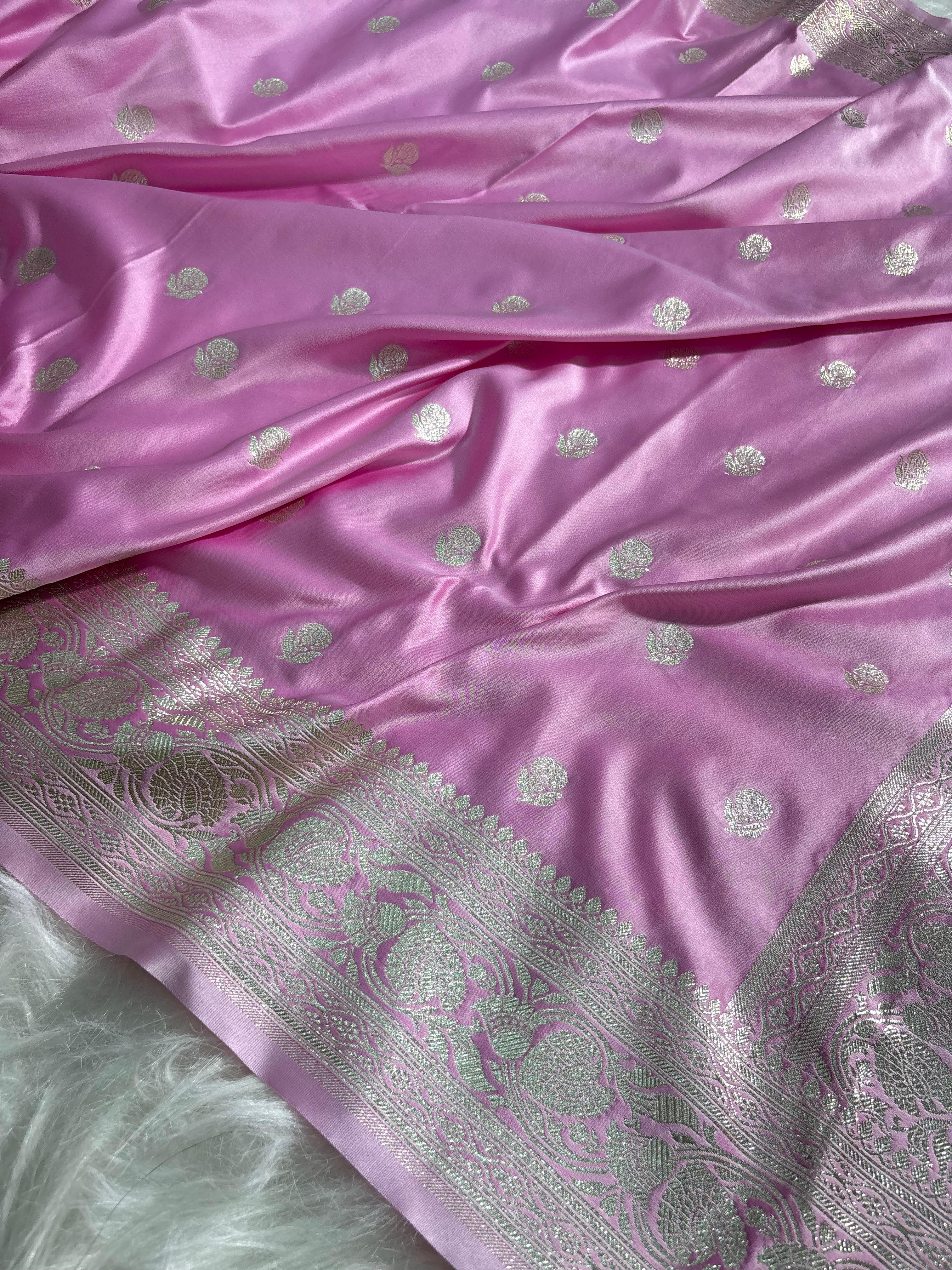 Satin Silk Saree Floral Booti in Baby Pink Shades