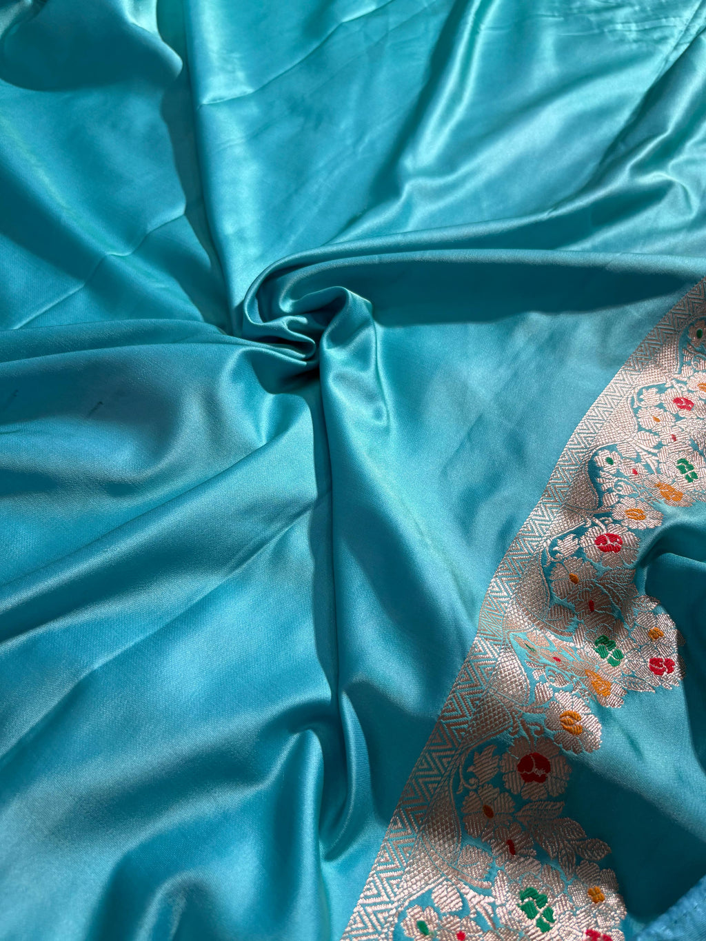 Teal Blue Minakari Floral Strips Pattern Mashru Silk Saree